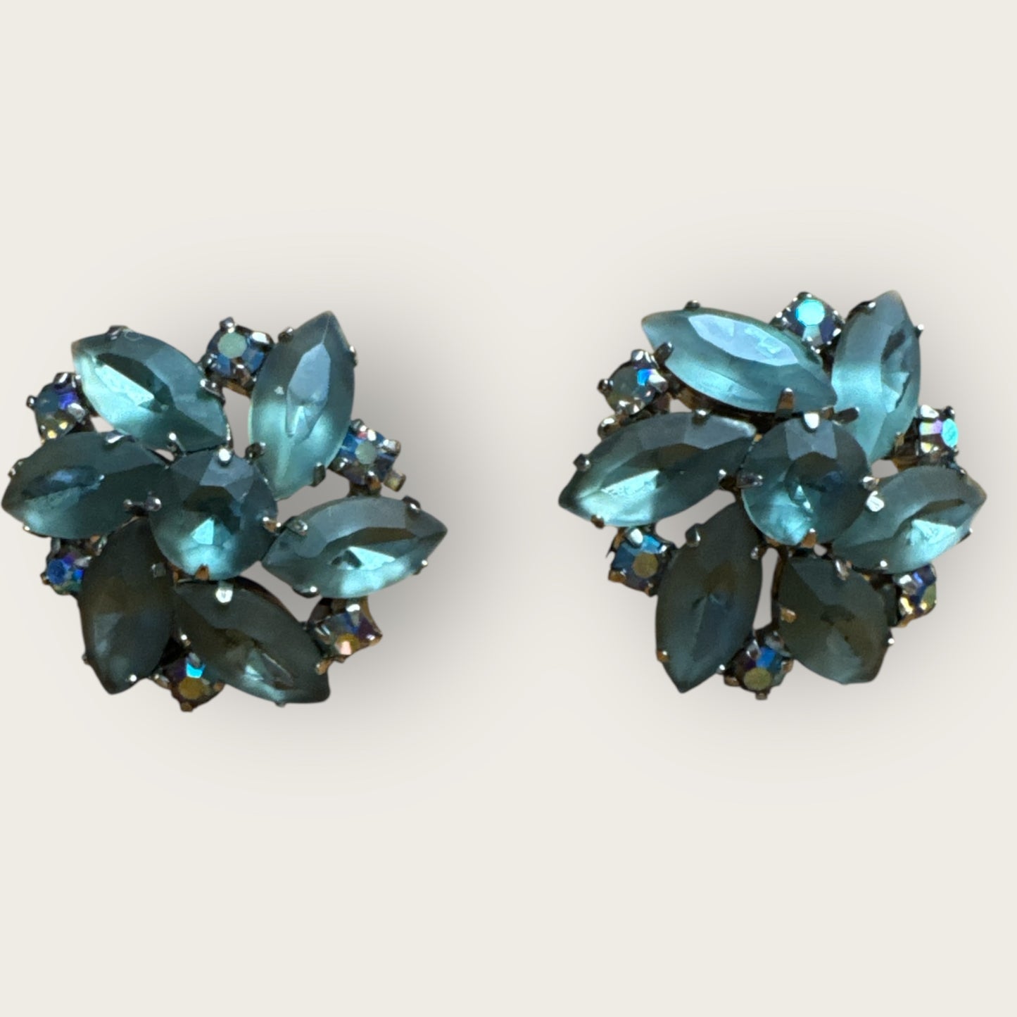 Frosted Blue Floral Cluster Vintage Clip-On Earrings – Juliana Style, 1960s AB Rhinestones Unsigned
