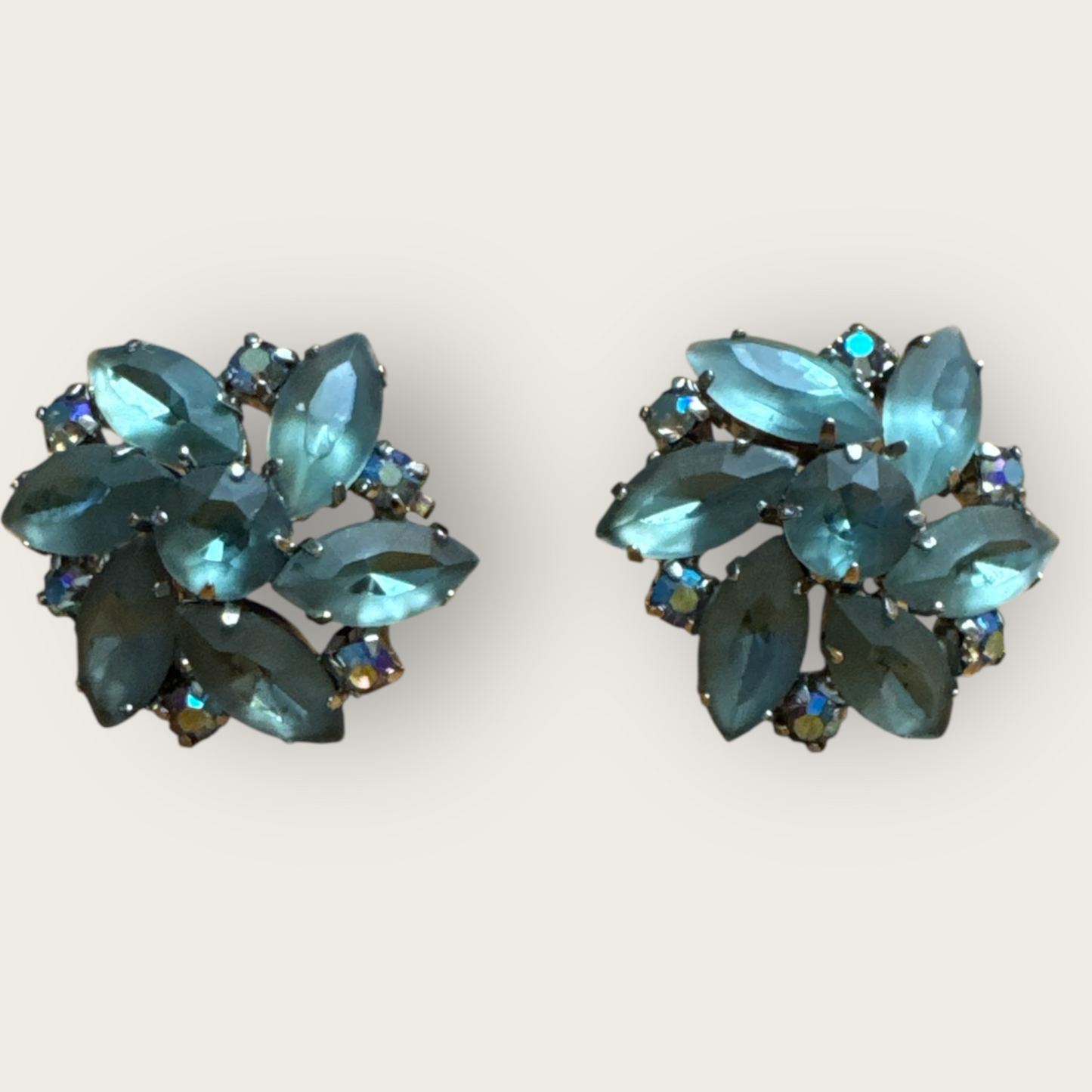 Frosted Blue Floral Cluster Vintage Clip-On Earrings – Juliana Style, 1960s AB Rhinestones Unsigned