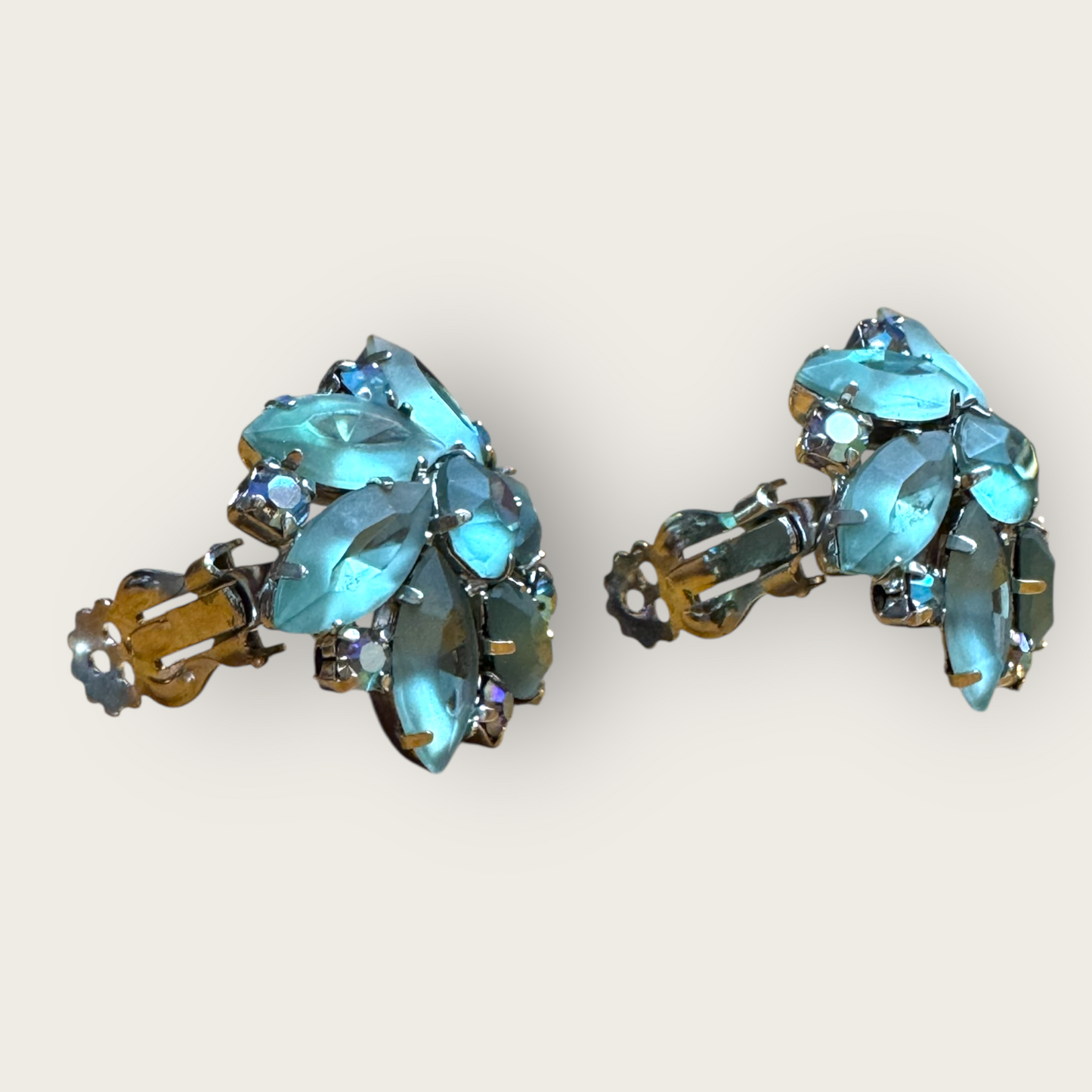 Frosted Blue Floral Cluster Vintage Clip-On Earrings – Juliana Style, 1960s AB Rhinestones Unsigned