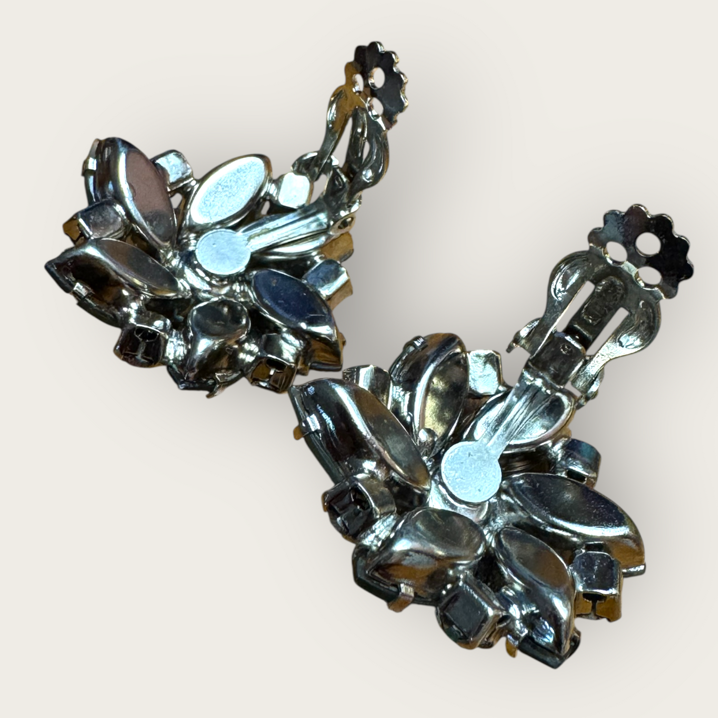 Frosted Blue Floral Cluster Vintage Clip-On Earrings – Juliana Style, 1960s AB Rhinestones Unsigned