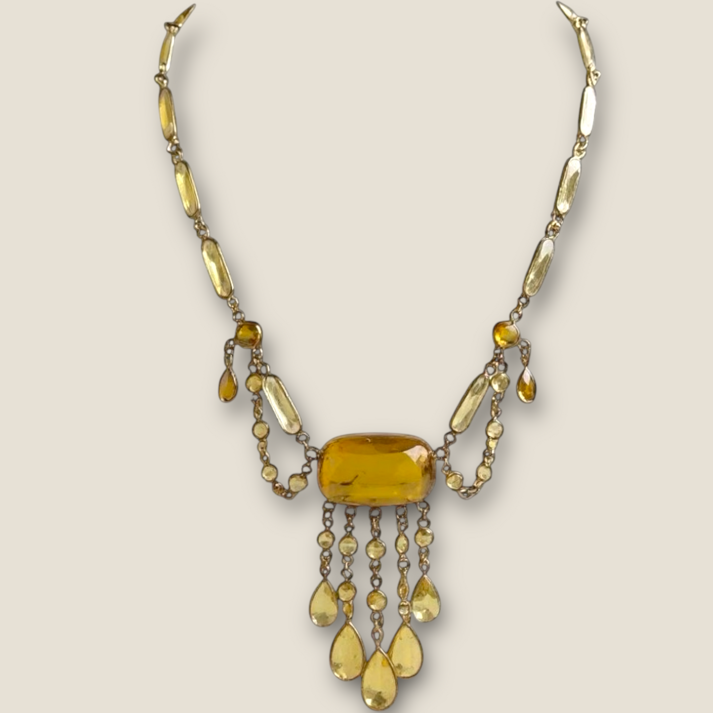 Antique 1920s Gold Festoon Necklace with Glowing Vaseline Glass & Crystal Dangles
