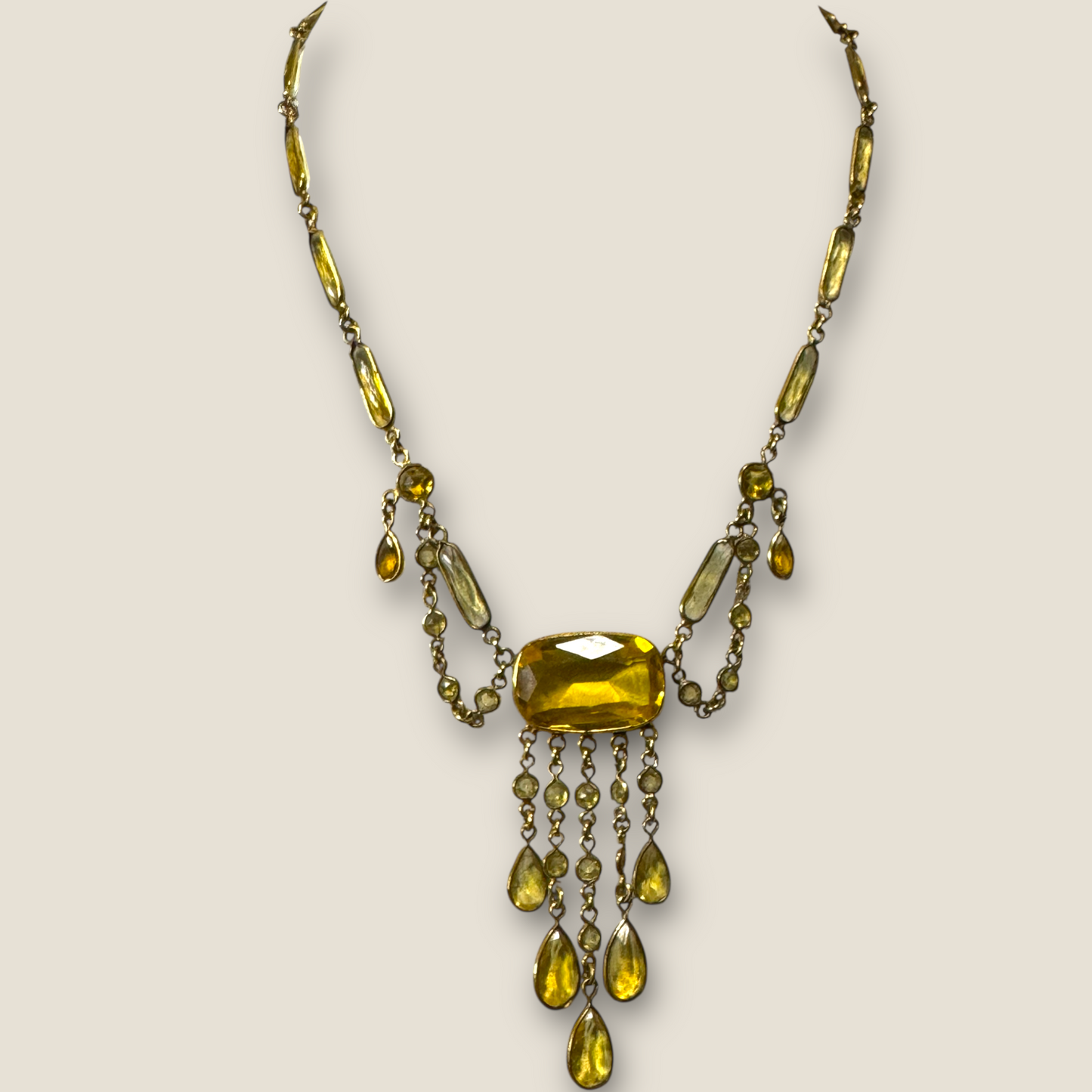Antique 1920s Gold Festoon Necklace with Glowing Vaseline Glass & Crystal Dangles