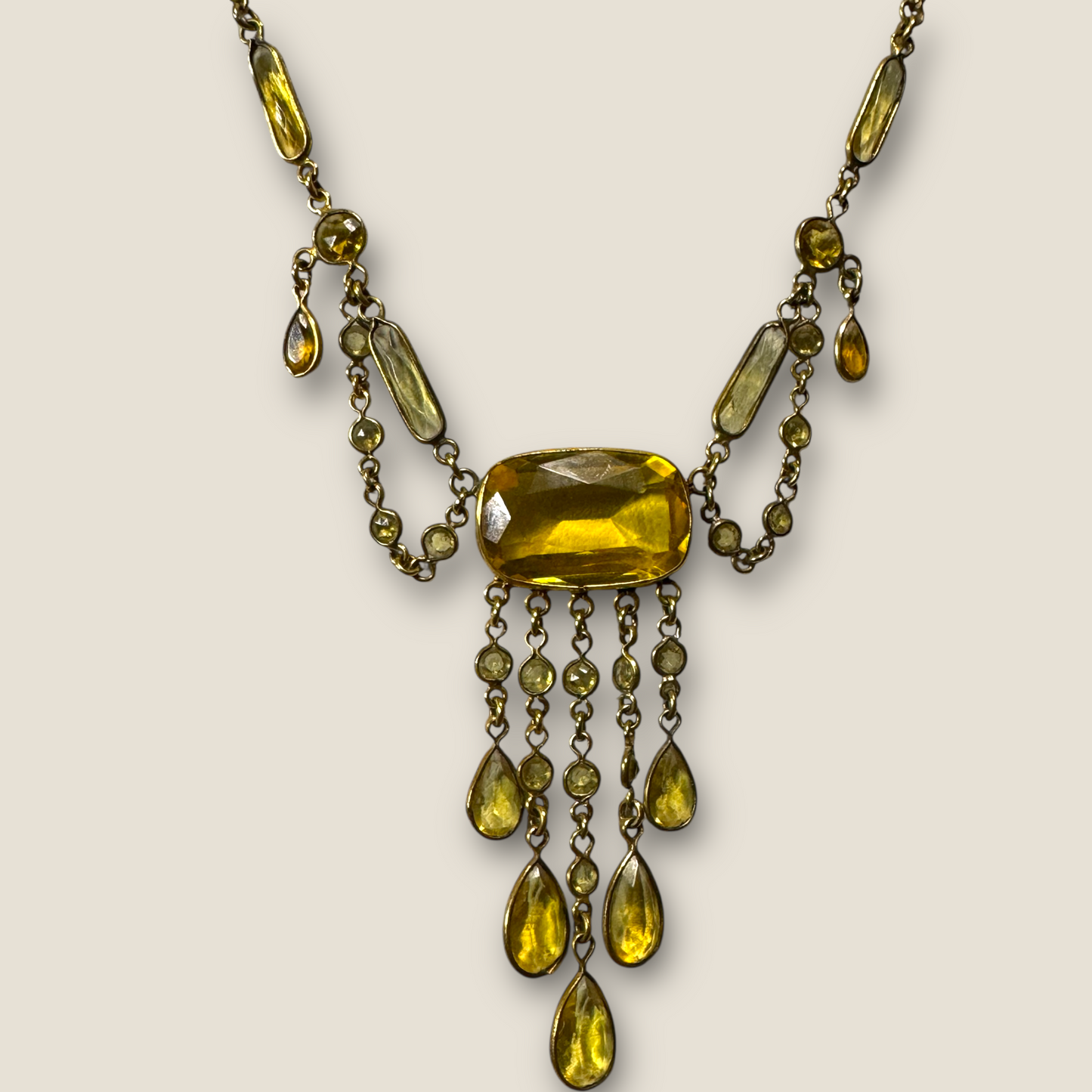 Antique 1920s Gold Festoon Necklace with Glowing Vaseline Glass & Crystal Dangles