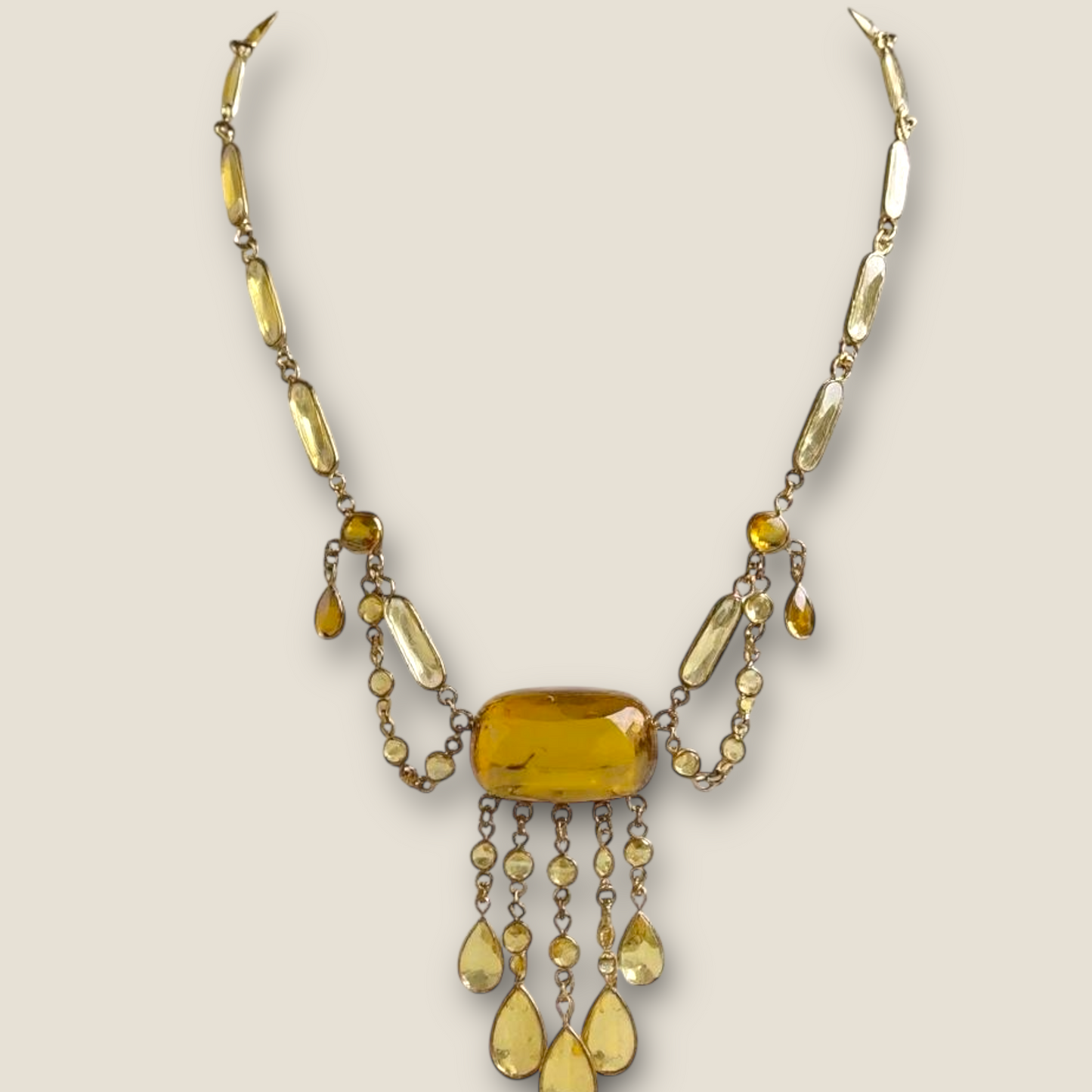 Antique 1920s Gold Festoon Necklace with Glowing Vaseline Glass & Crystal Dangles