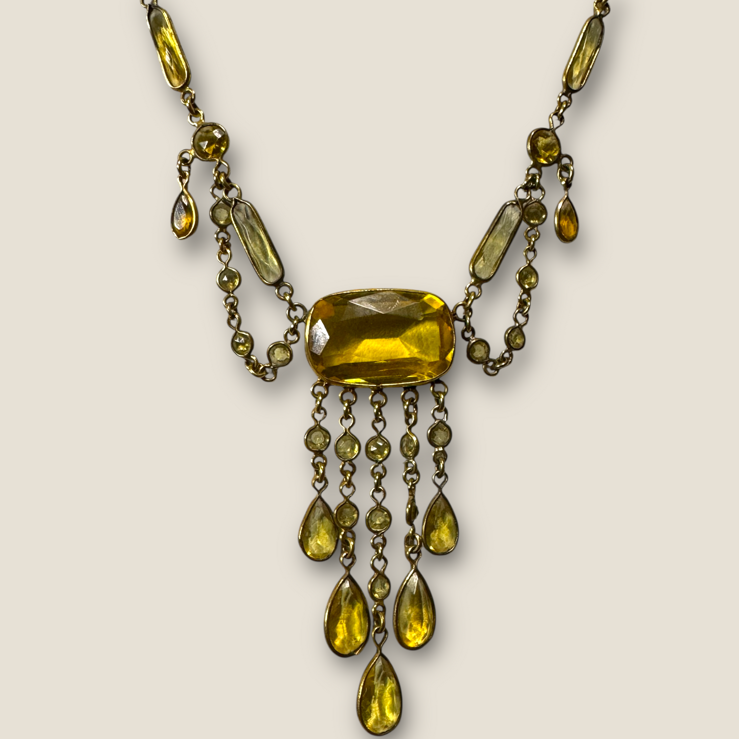Antique 1920s Gold Festoon Necklace with Glowing Vaseline Glass & Crystal Dangles