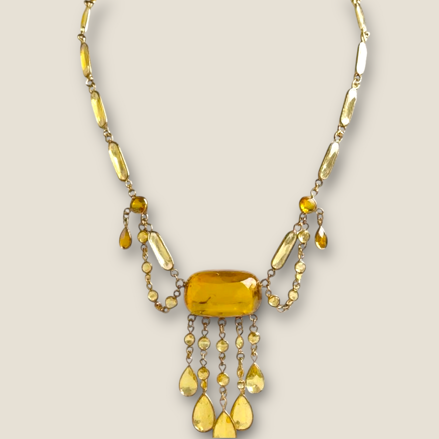 Antique 1920s Gold Festoon Necklace with Glowing Vaseline Glass & Crystal Dangles