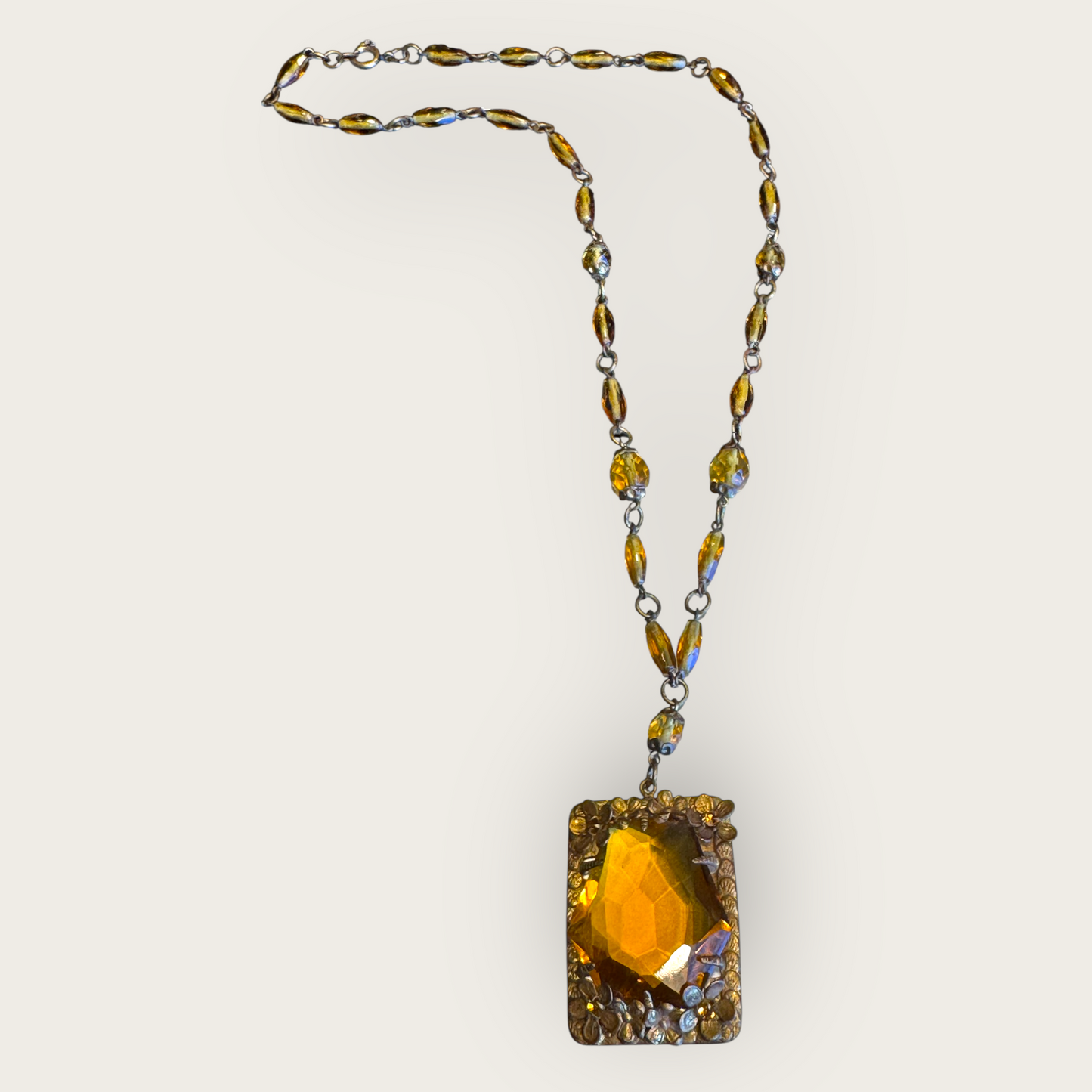 Antique Czechoslovakia Amber Glass Pendant Necklace – Ornate Floral Filigree – Signed 1920s Art Deco