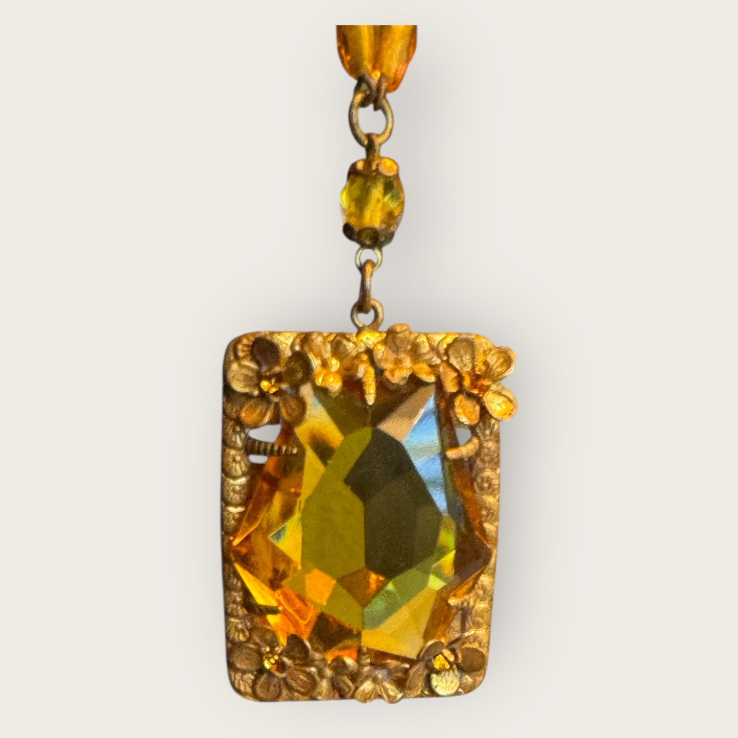 Antique Czechoslovakia Amber Glass Pendant Necklace – Ornate Floral Filigree – Signed 1920s Art Deco