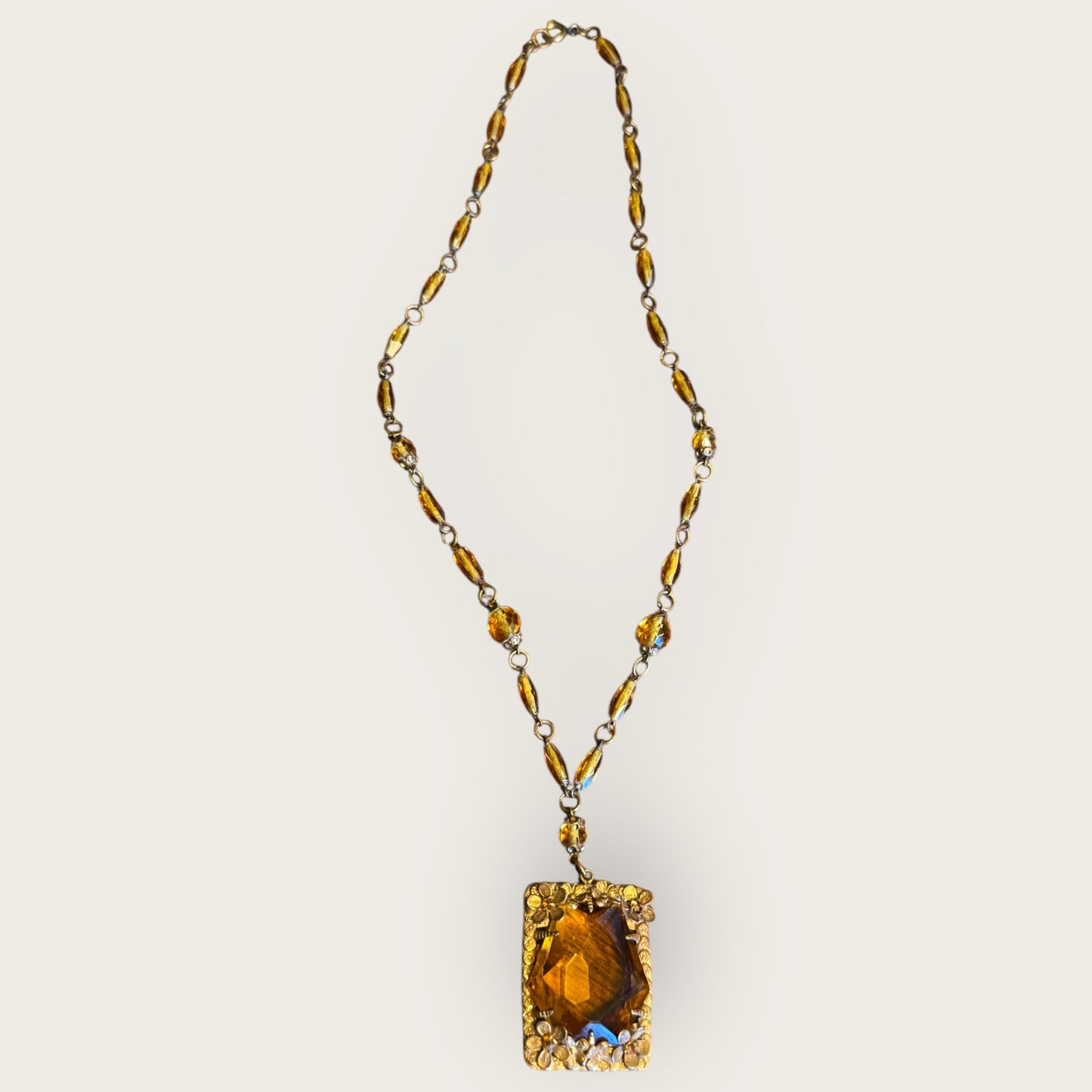 Antique Czechoslovakia Amber Glass Pendant Necklace – Ornate Floral Filigree – Signed 1920s Art Deco