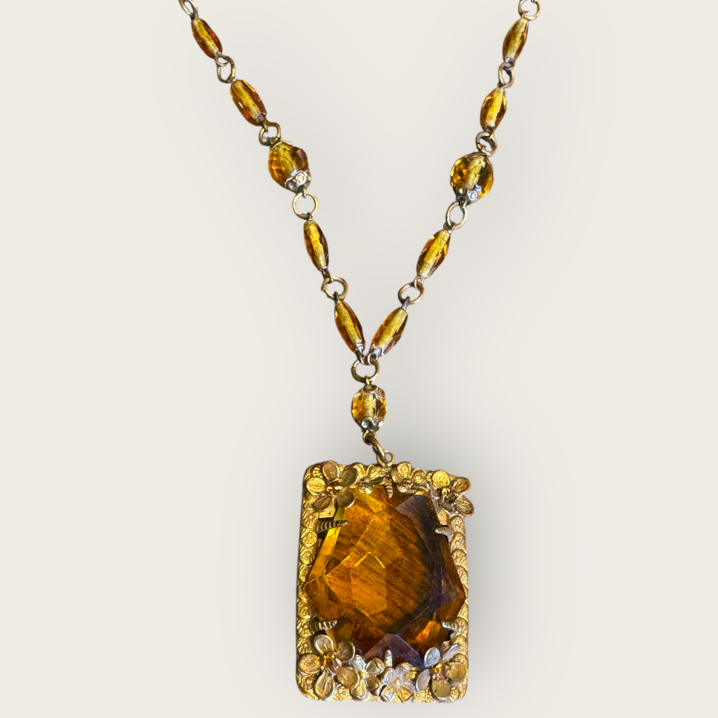 Antique Czechoslovakia Amber Glass Pendant Necklace – Ornate Floral Filigree – Signed 1920s Art Deco