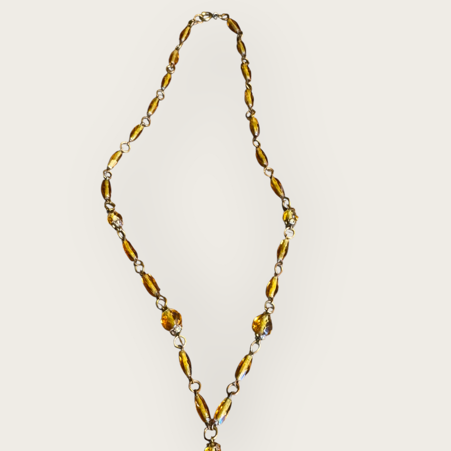 Antique Czechoslovakia Amber Glass Pendant Necklace – Ornate Floral Filigree – Signed 1920s Art Deco