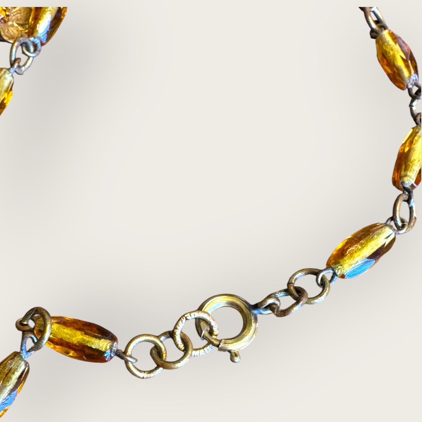 Antique Czechoslovakia Amber Glass Pendant Necklace – Ornate Floral Filigree – Signed 1920s Art Deco