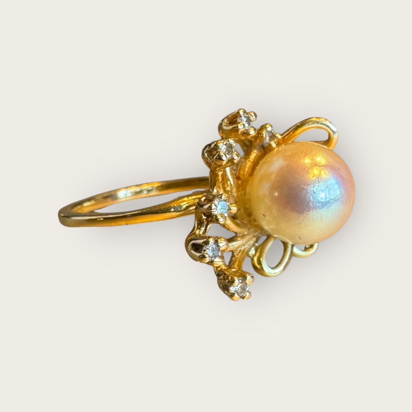 14K Gold Cultured Pearl & Diamond Cocktail Ring – Size 9 – Vintage Elegance with 6 Natural Diamonds