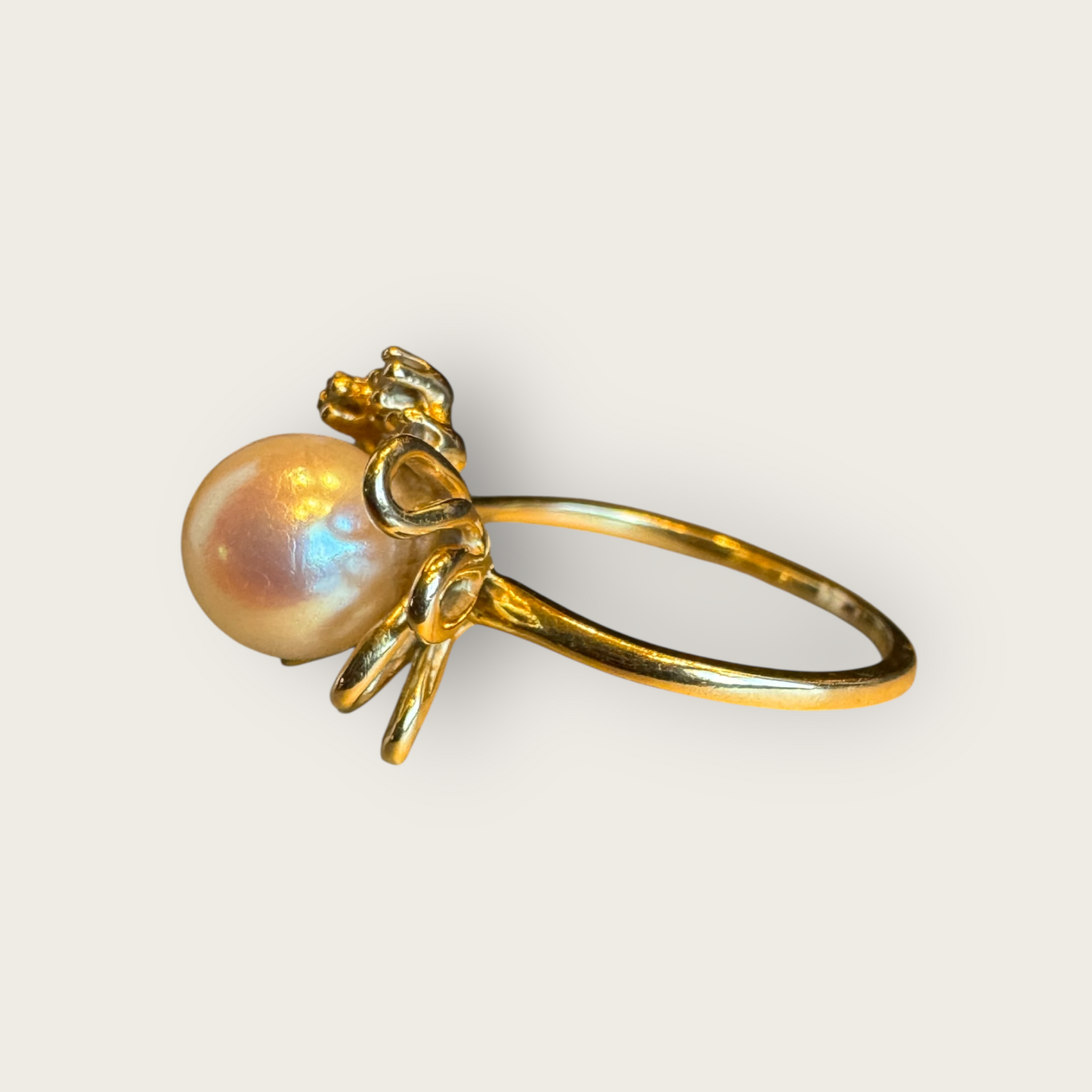 14K Gold Cultured Pearl & Diamond Cocktail Ring – Size 9 – Vintage Elegance with 6 Natural Diamonds