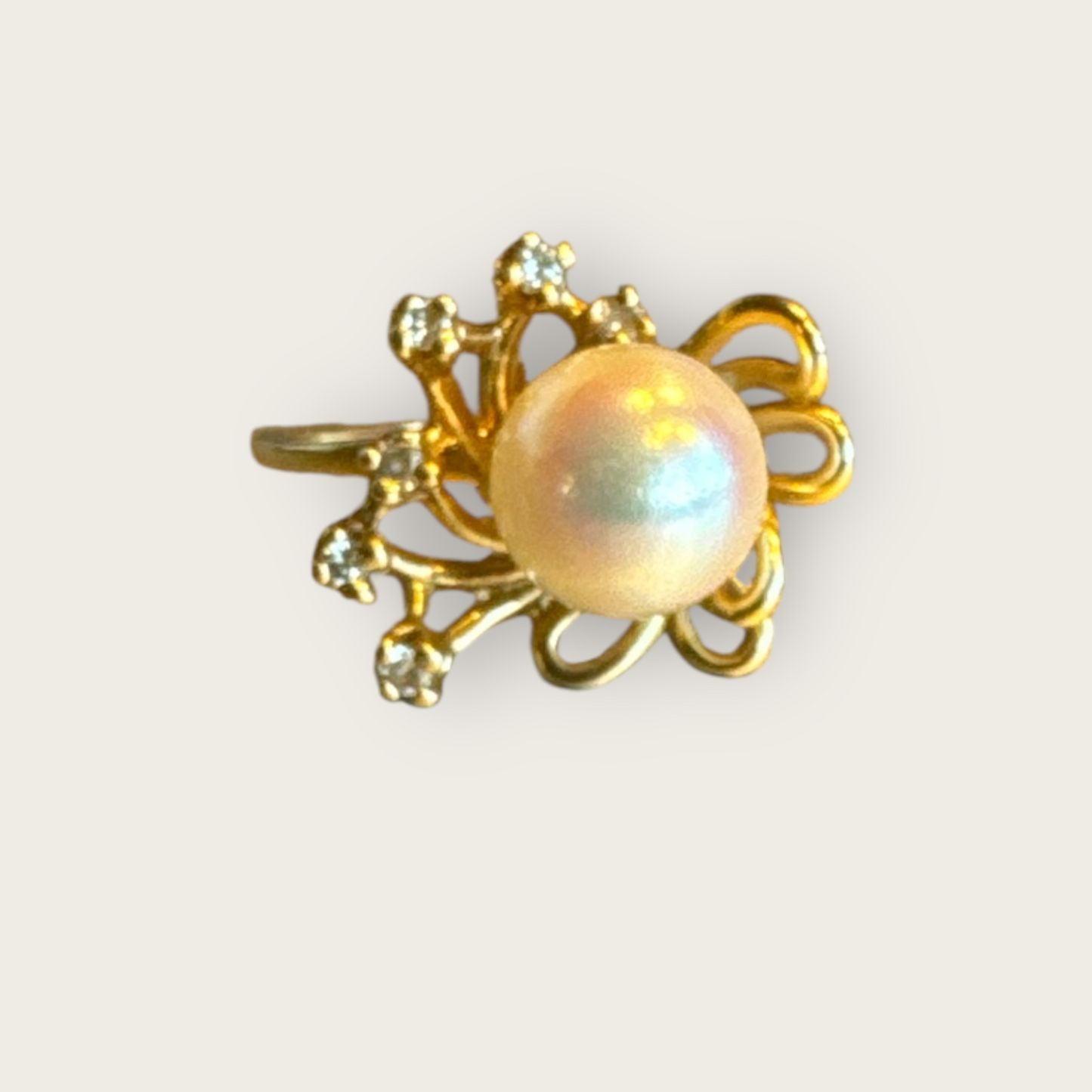 14K Gold Cultured Pearl & Diamond Cocktail Ring – Size 9 – Vintage Elegance with 6 Natural Diamonds