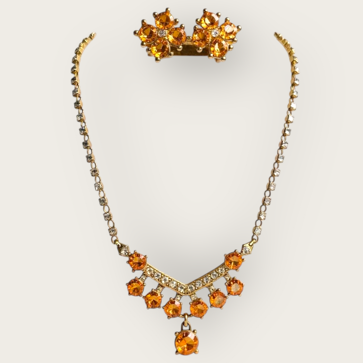 Vintage 1950s Bogoff Amber & Smoky Rhinestone Parure – Signed Necklace & Earrings in Gold-Tone Mid-Century Glamour