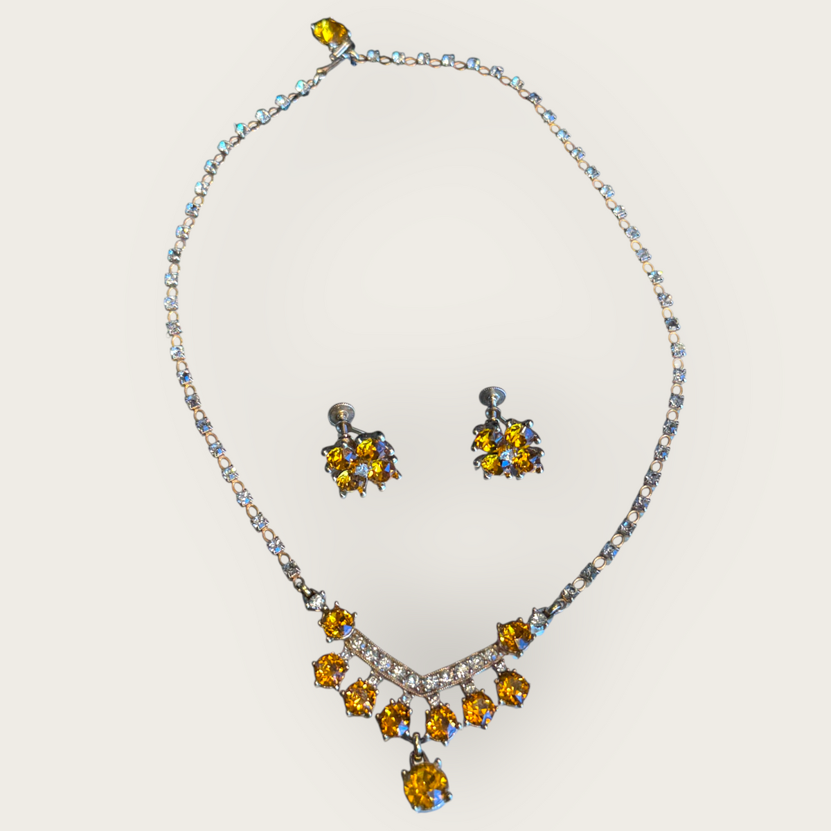 Vintage 1950s Bogoff Amber & Smoky Rhinestone Parure – Signed Necklace & Earrings in Gold-Tone Mid-Century Glamour