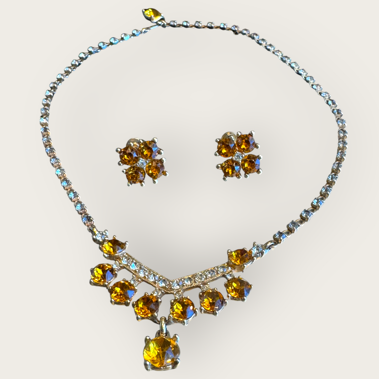 Vintage Signed Bogoff Amber Rhinestone Necklace & Earring Set – Golden Glow Statement Demi Parure