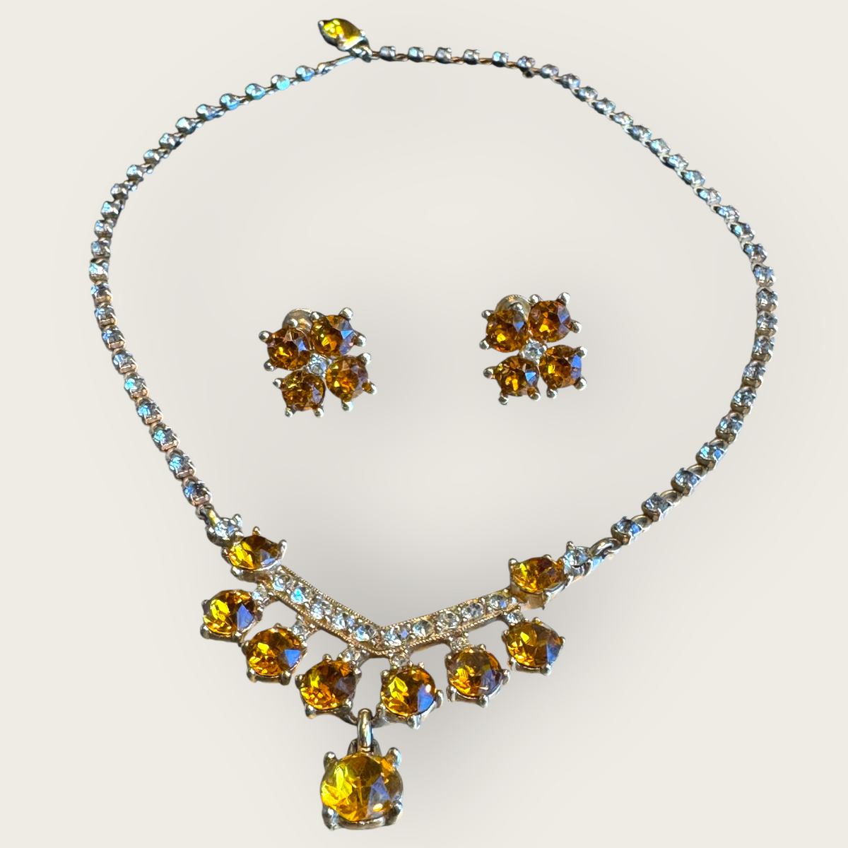 Vintage 1950s Bogoff Amber & Smoky Rhinestone Parure – Signed Necklace & Earrings in Gold-Tone Mid-Century Glamour