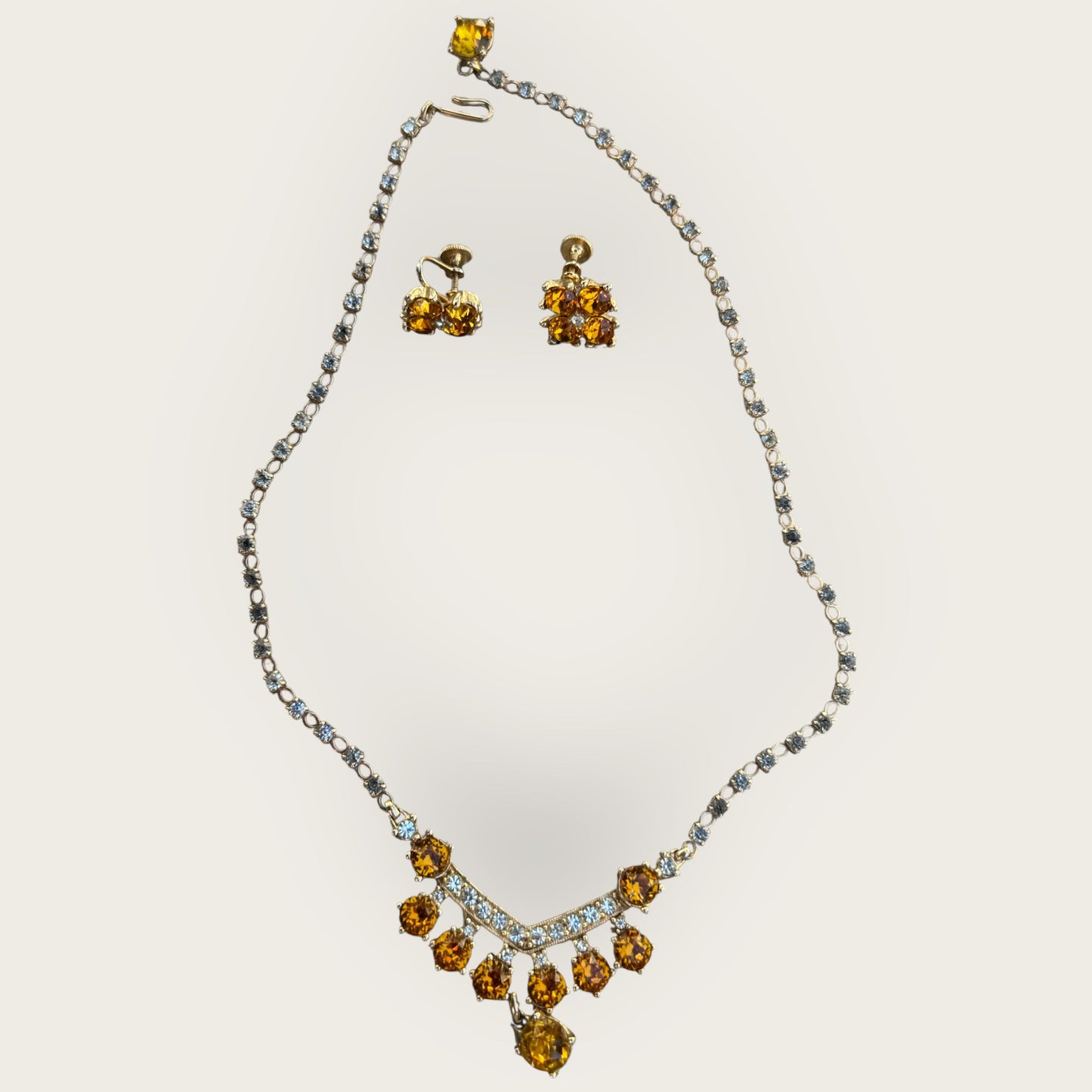 Vintage Signed Bogoff Amber Rhinestone Necklace & Earring Set – Golden Glow Statement Demi Parure