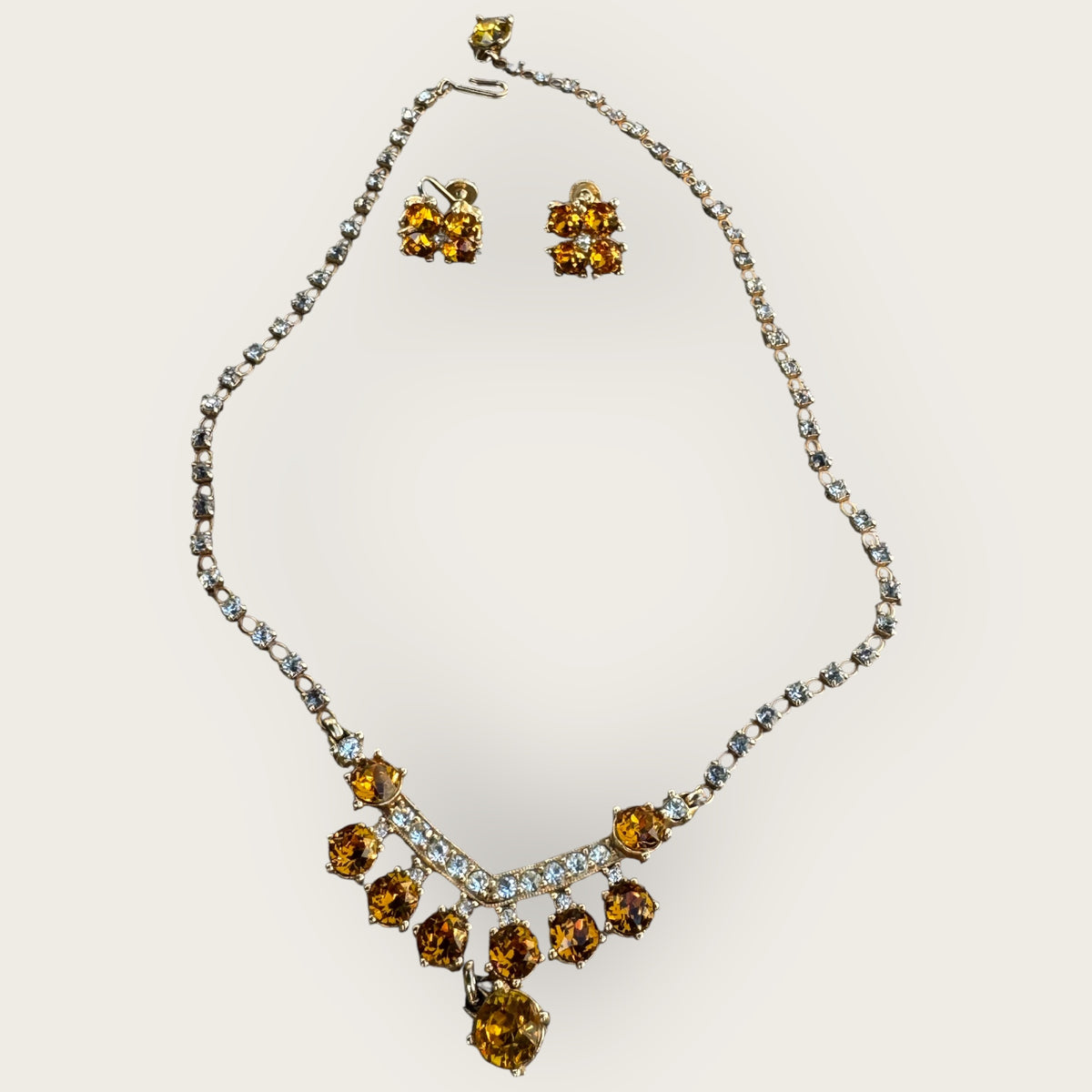 Vintage 1950s Bogoff Amber & Smoky Rhinestone Parure – Signed Necklace & Earrings in Gold-Tone Mid-Century Glamour