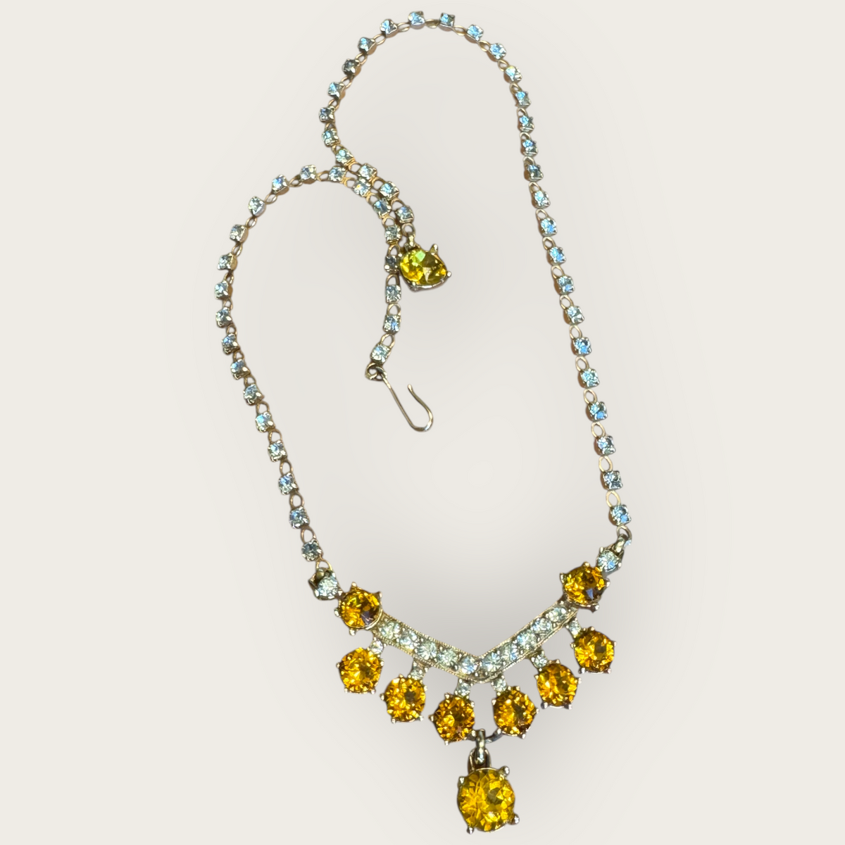 Vintage 1950s Bogoff Amber & Smoky Rhinestone Parure – Signed Necklace & Earrings in Gold-Tone Mid-Century Glamour