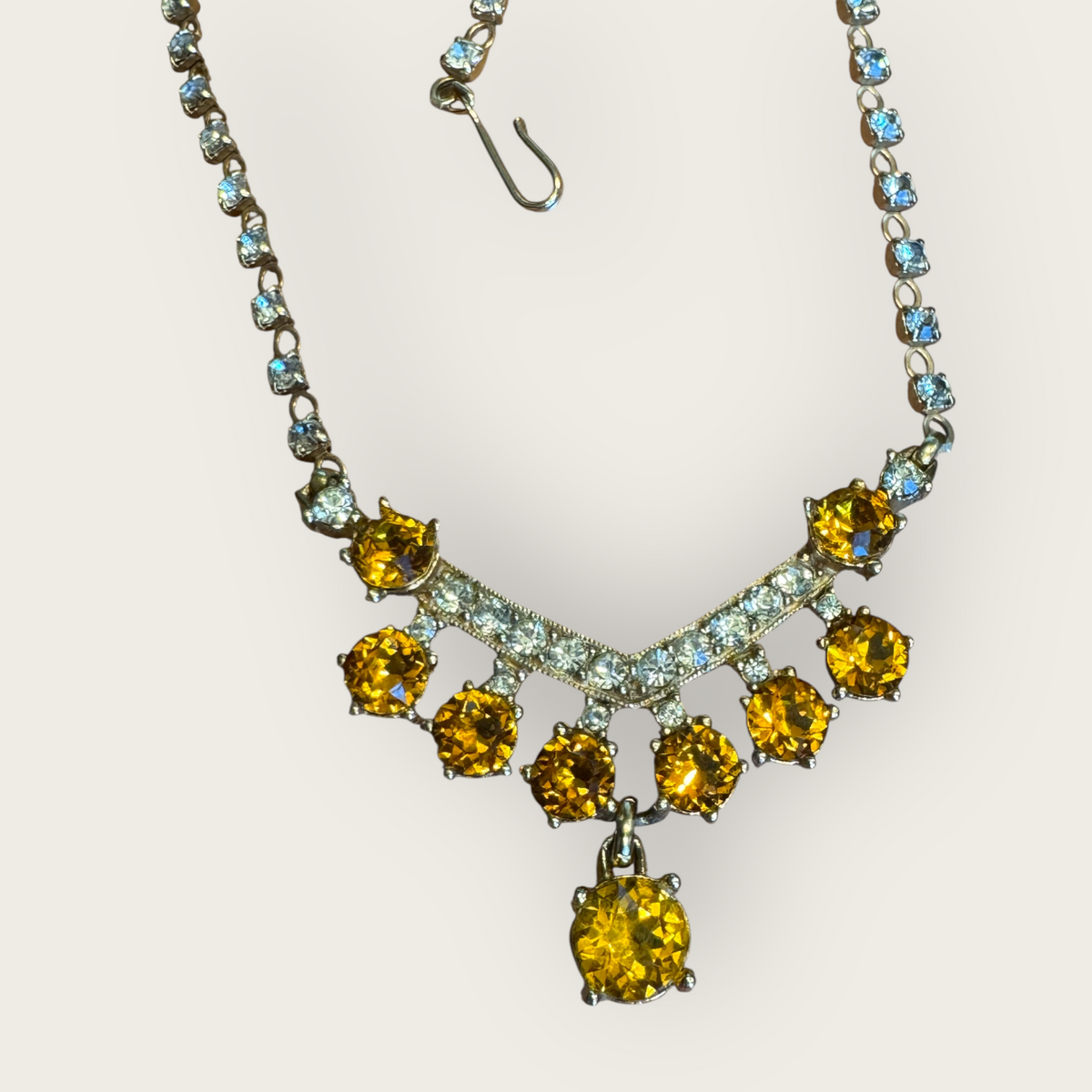 Vintage 1950s Bogoff Amber & Smoky Rhinestone Parure – Signed Necklace & Earrings in Gold-Tone Mid-Century Glamour