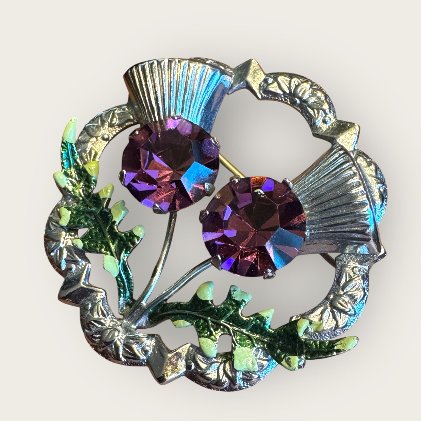 Vintage Scottish Thistle Brooch with Amethyst Glass & Enamel Leaves | Mid-Century Symbolic Jewelry | Silver-Tone