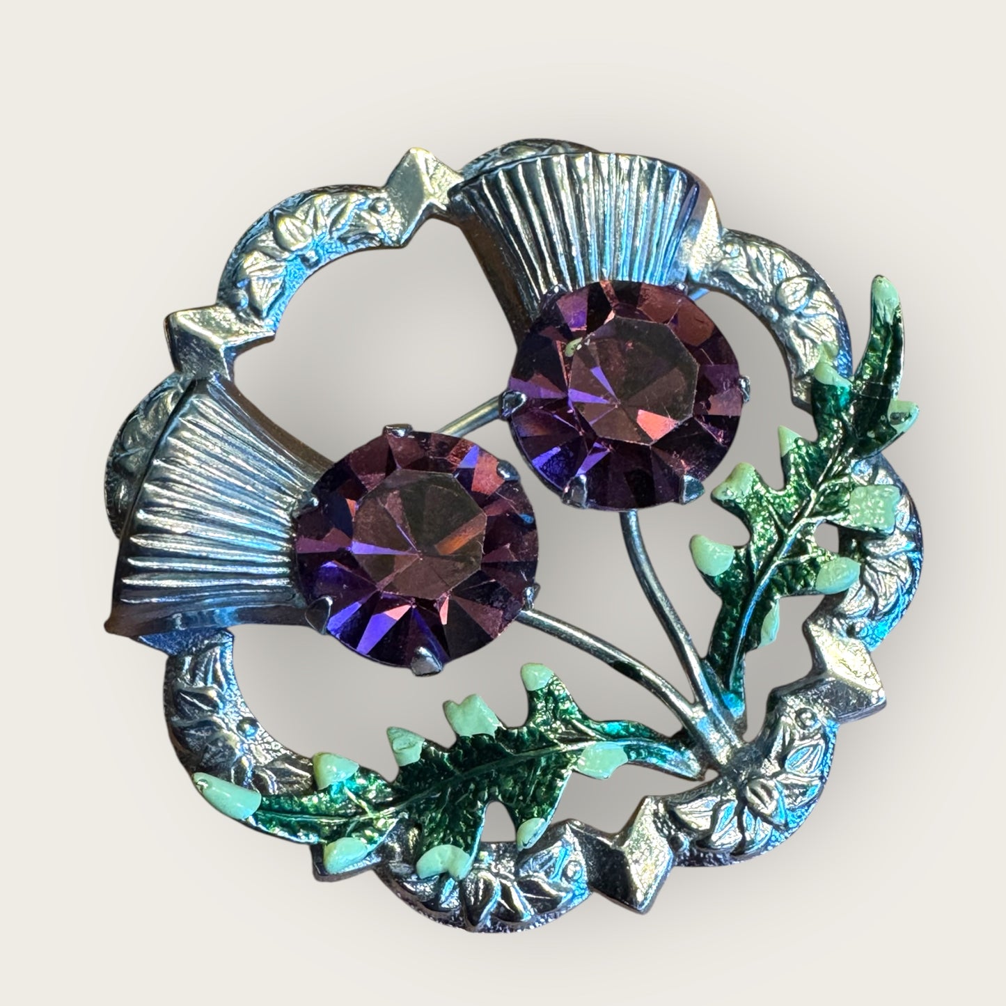 Vintage Scottish Thistle Brooch with Amethyst Glass & Enamel Leaves | Mid-Century Symbolic Jewelry | Silver-Tone