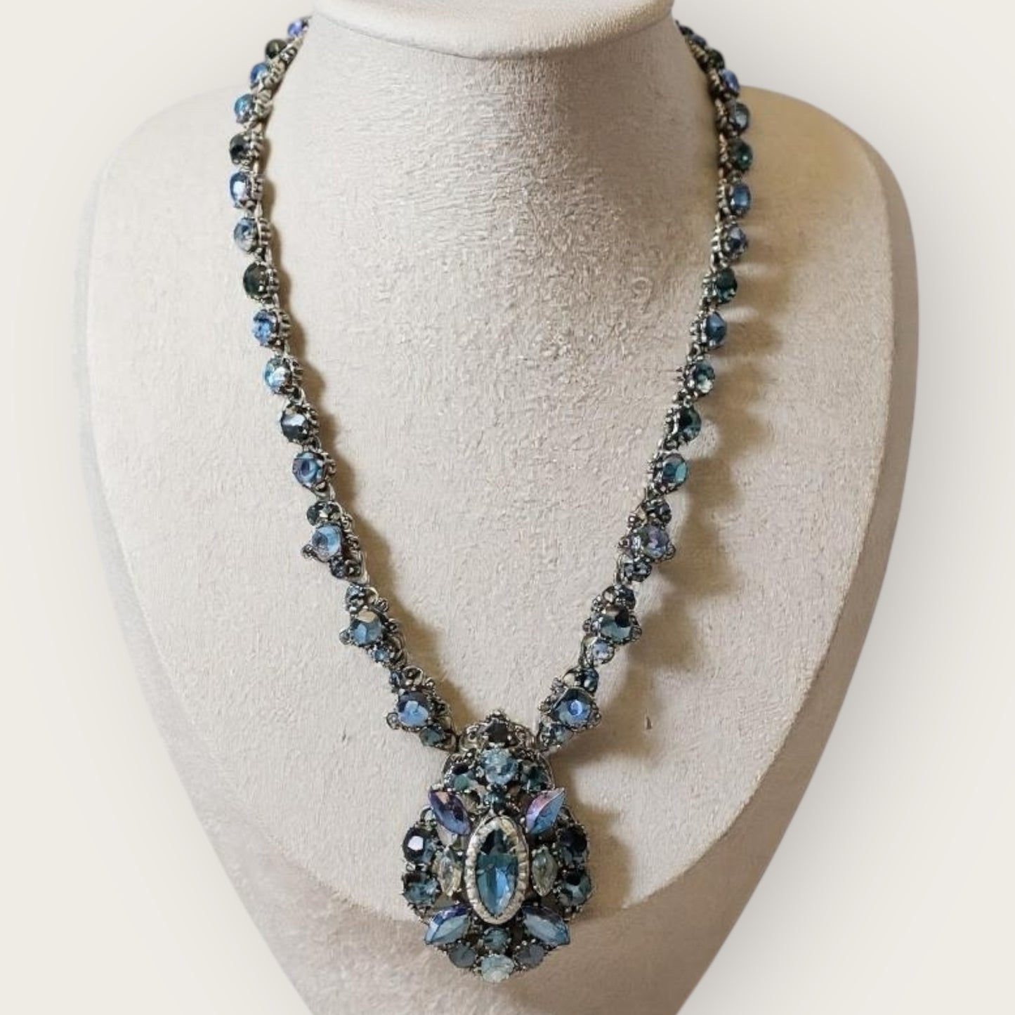 Vintage Signed Weiss Necklace – Midnight Blue Aurora Borealis Crystal Statement Necklace, 1950s