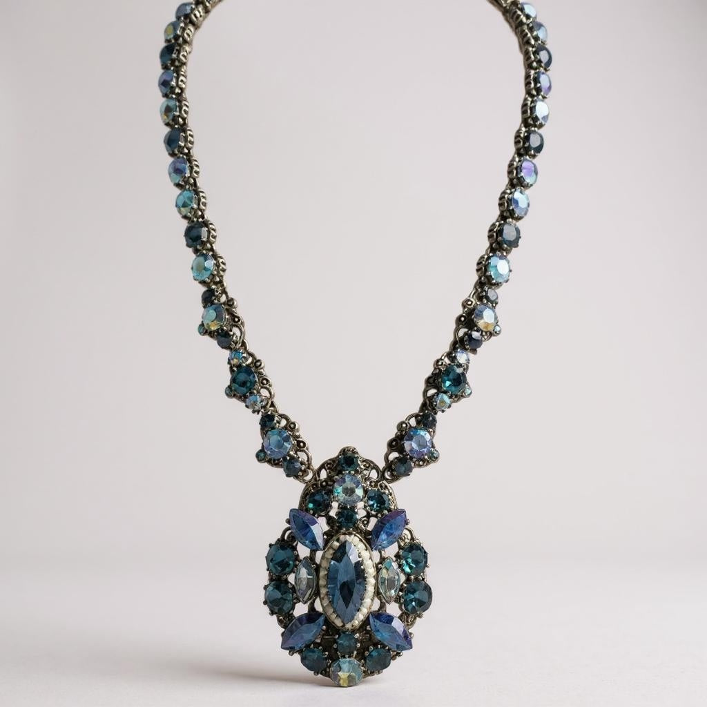 Vintage Signed Weiss Necklace – Midnight Blue Aurora Borealis Crystal Statement Necklace, 1950s