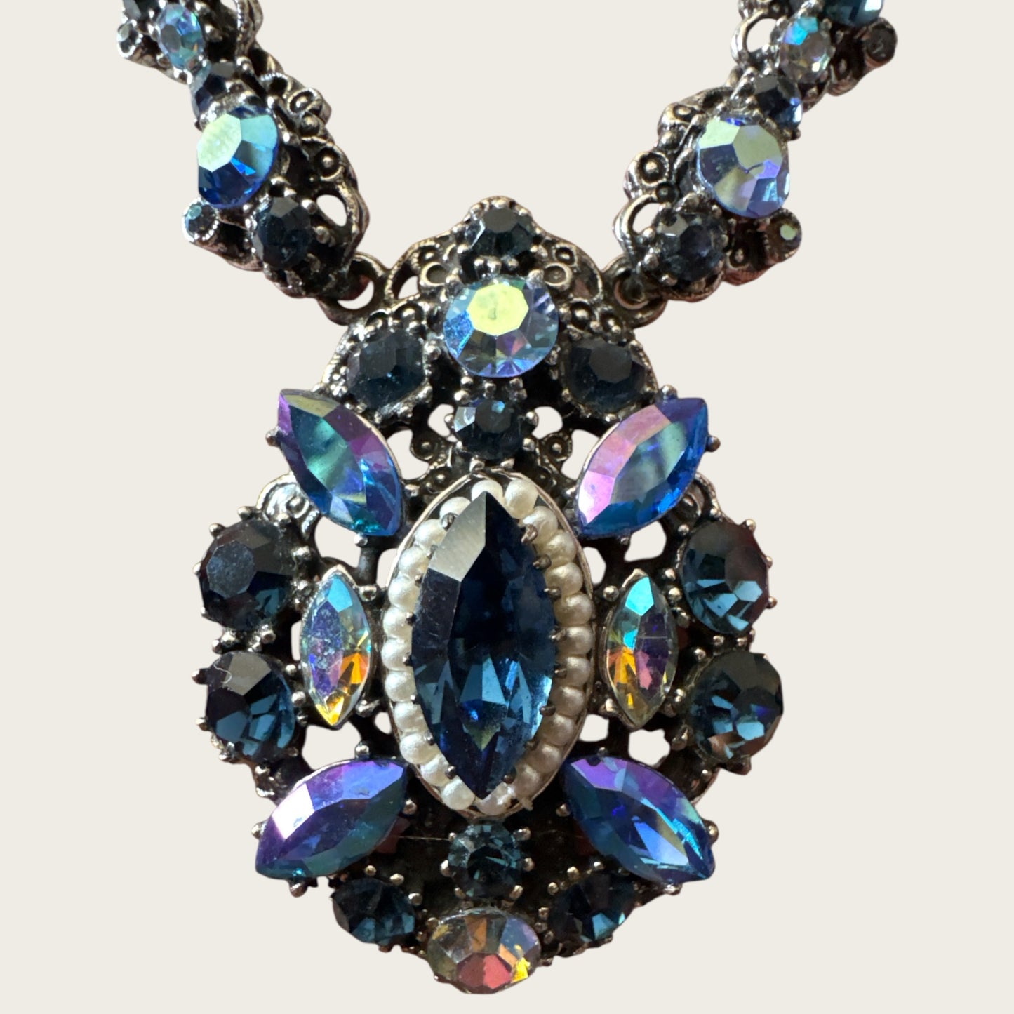 Vintage Signed Weiss Necklace – Midnight Blue Aurora Borealis Crystal Statement Necklace, 1950s