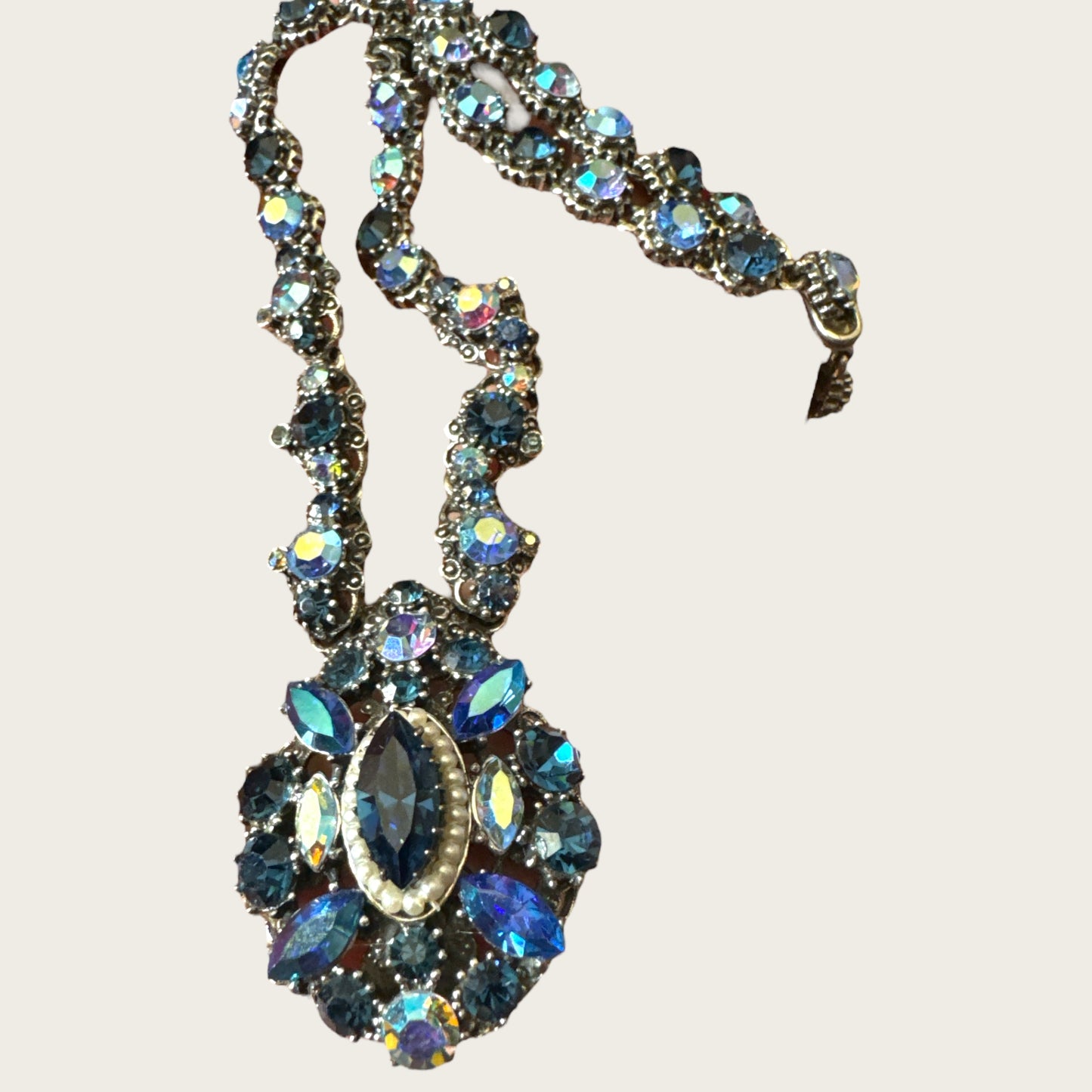 Vintage Signed Weiss Necklace – Midnight Blue Aurora Borealis Crystal Statement Necklace, 1950s