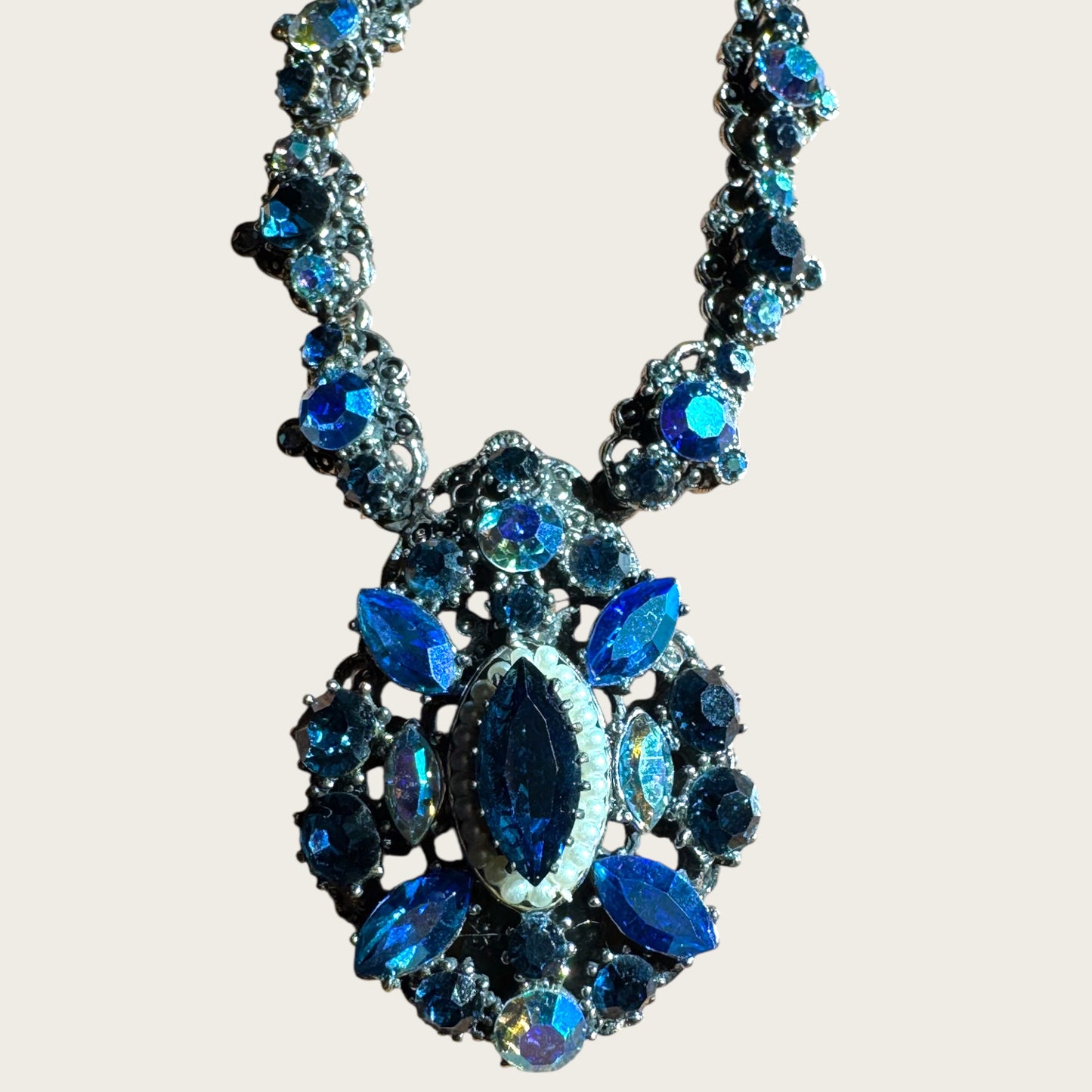 Vintage Signed Weiss Necklace – Midnight Blue Aurora Borealis Crystal Statement Necklace, 1950s
