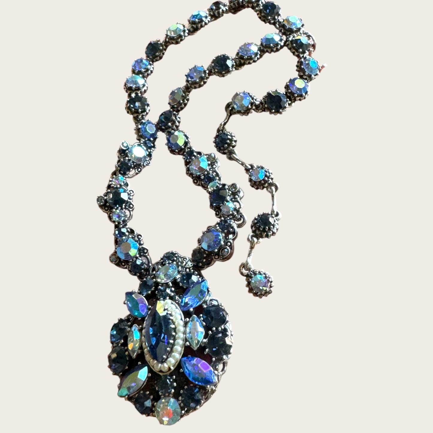 Vintage Signed Weiss Necklace – Midnight Blue Aurora Borealis Crystal Statement Necklace, 1950s