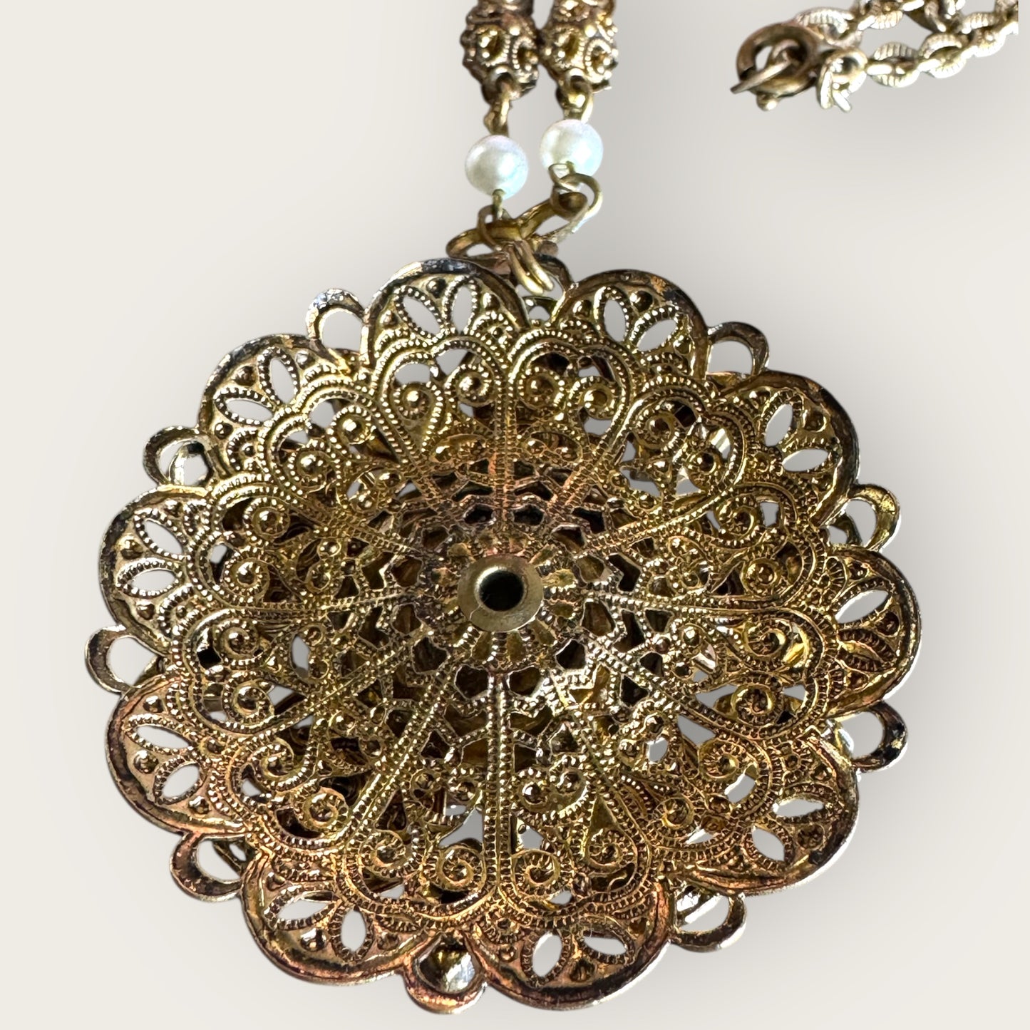 Vintage West Germany Amber & AB Crystal Filigree Medallion Necklace – Signed Statement Pendant with Pearl Halo