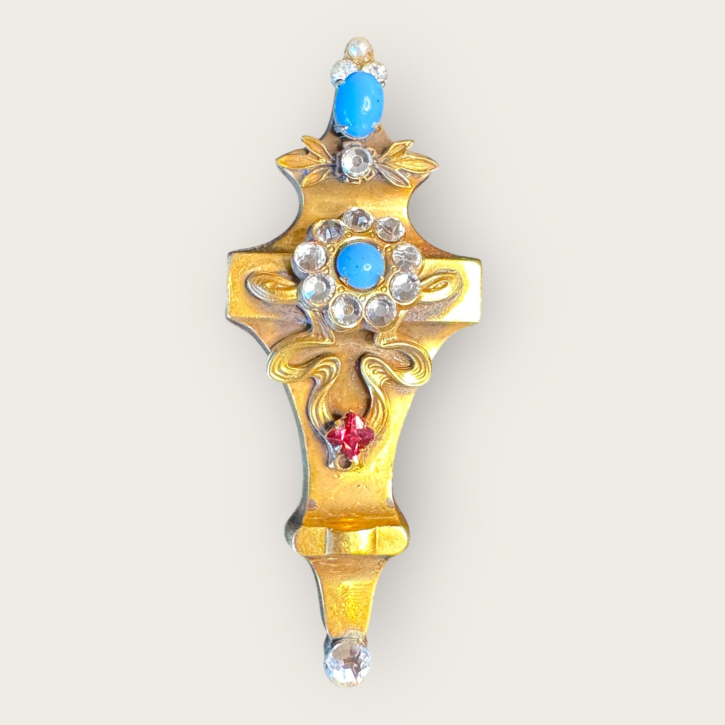 Signed Coro Antique-Style Cross Brooch – Turquoise Cabochons & Clear Rhinestones, 1930s Revival Statement