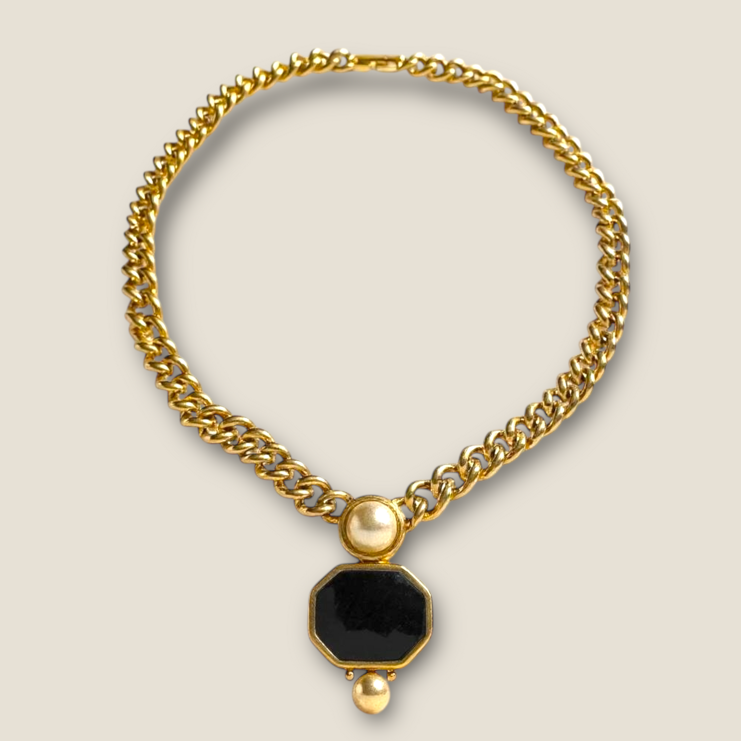 Vintage Monet Chunky Gold Curb Chain Necklace with Black Enamel Center & Faux Pearls