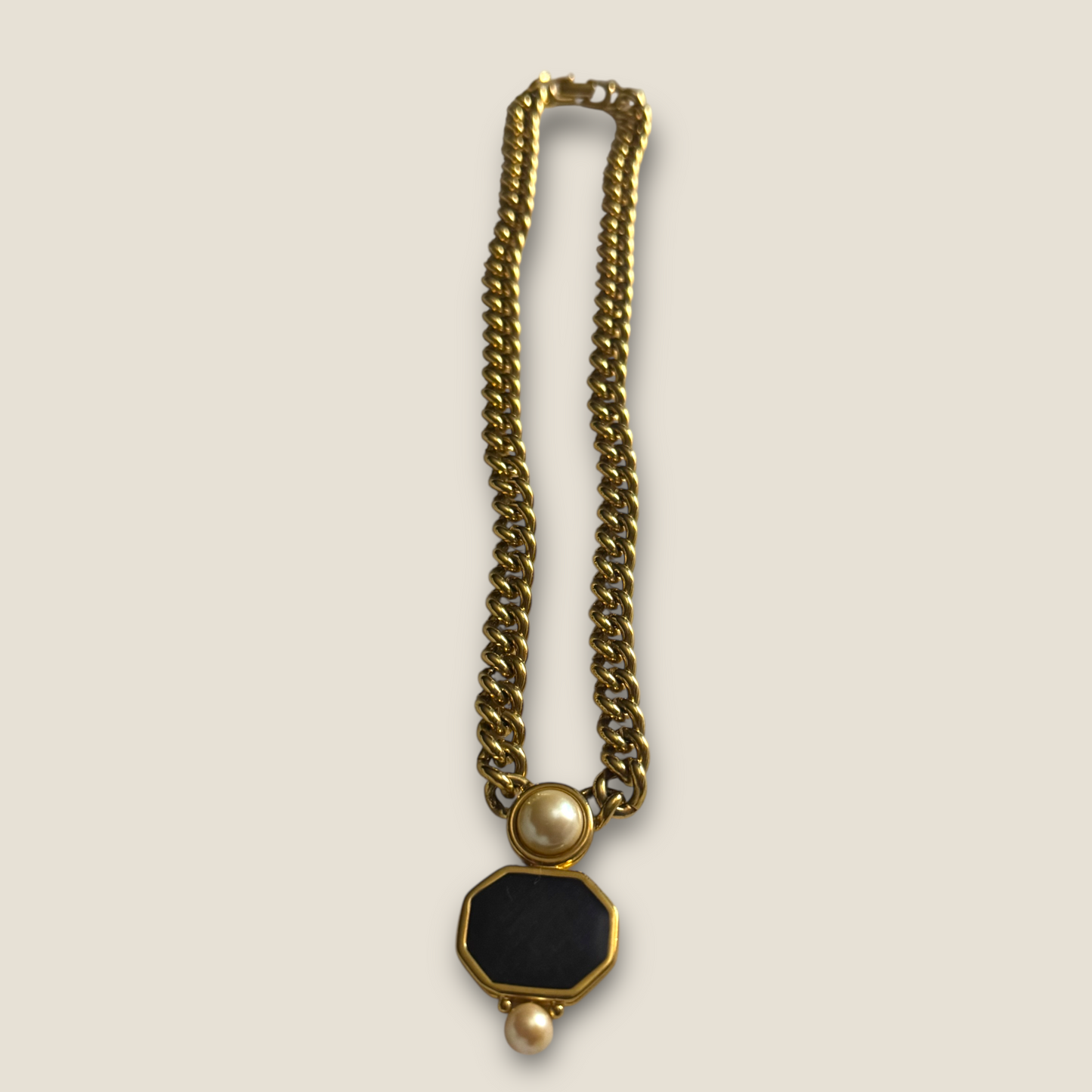 Vintage Monet Chunky Gold Curb Chain Necklace with Black Enamel Center & Faux Pearls