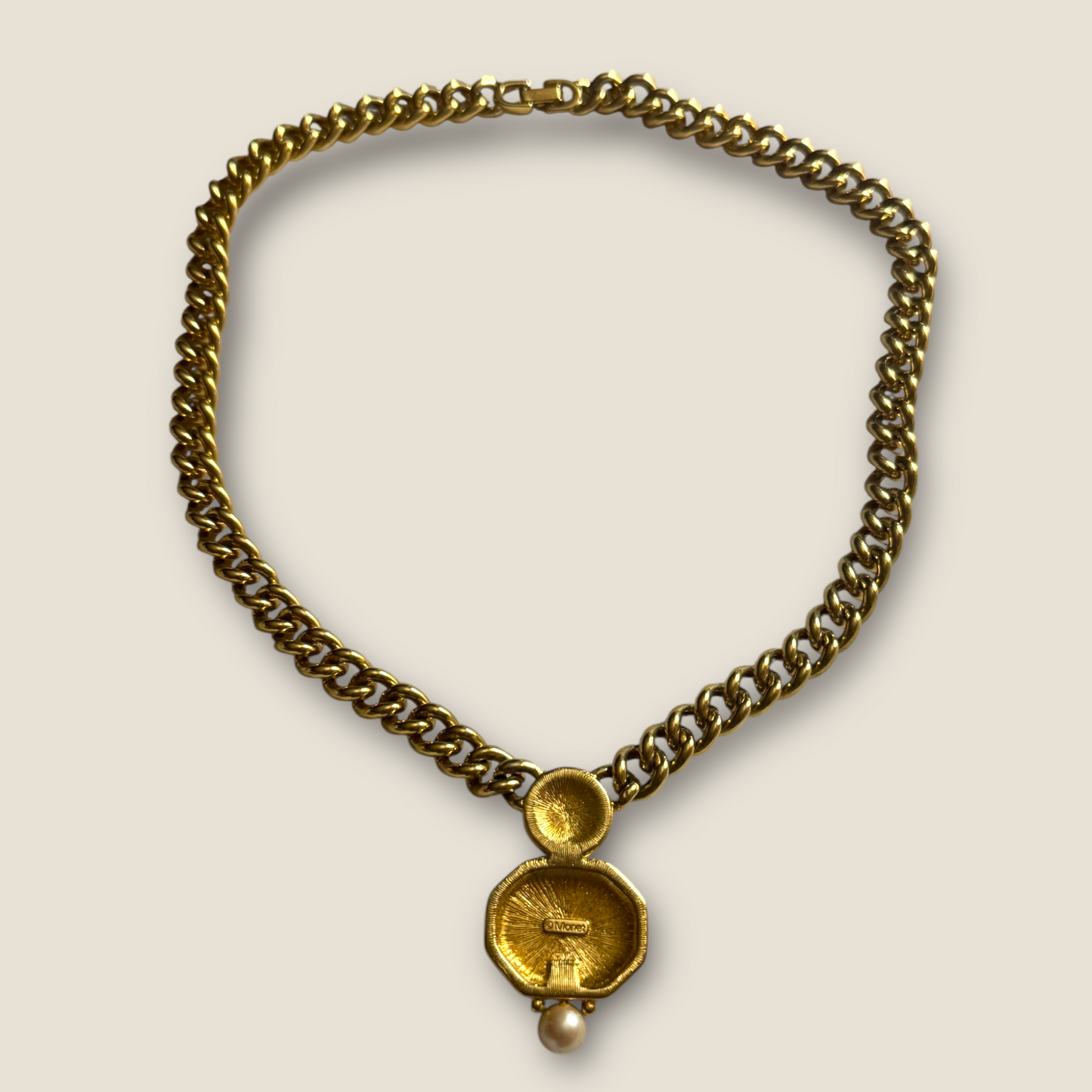 Vintage Monet Chunky Gold Curb Chain Necklace with Black Enamel Center & Faux Pearls