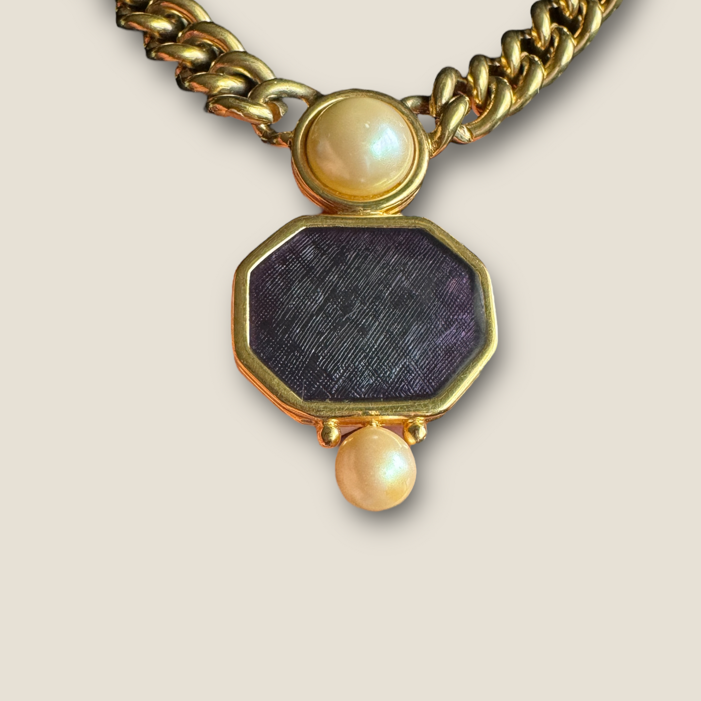 Vintage Monet Chunky Gold Curb Chain Necklace with Black Enamel Center & Faux Pearls
