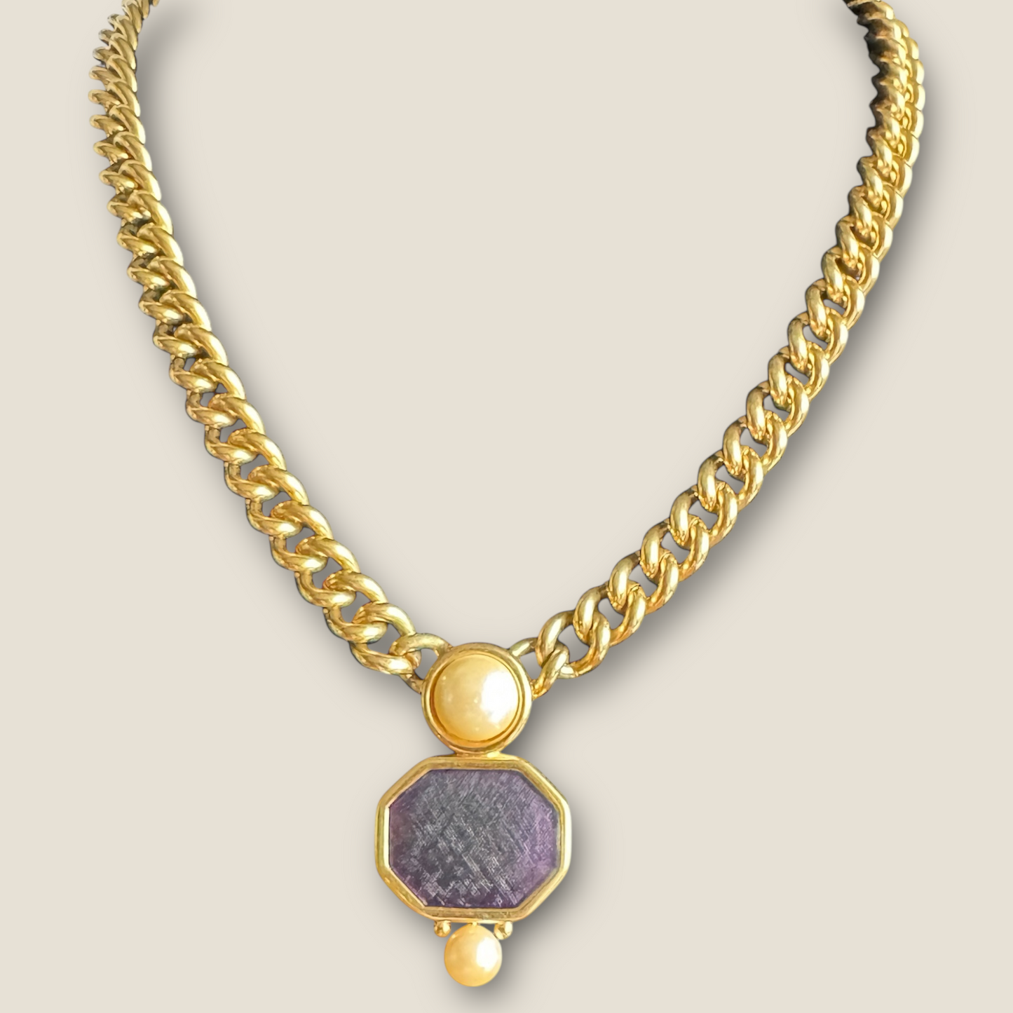 Vintage Monet Chunky Gold Curb Chain Necklace with Black Enamel Center & Faux Pearls