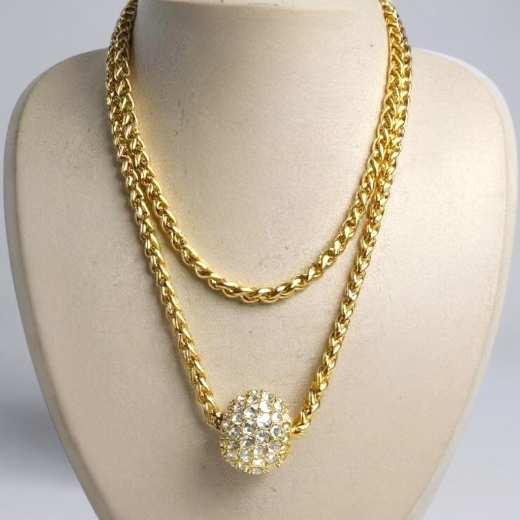Signed Vintage Joan Rivers Gold Rope Necklace with Removable Swarovski Crystal Pavé Bead – Convertible Statement