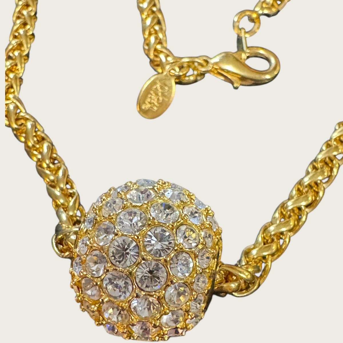 Signed Vintage Joan Rivers Gold Rope Necklace with Removable Swarovski Crystal Pavé Bead – Convertible Statement