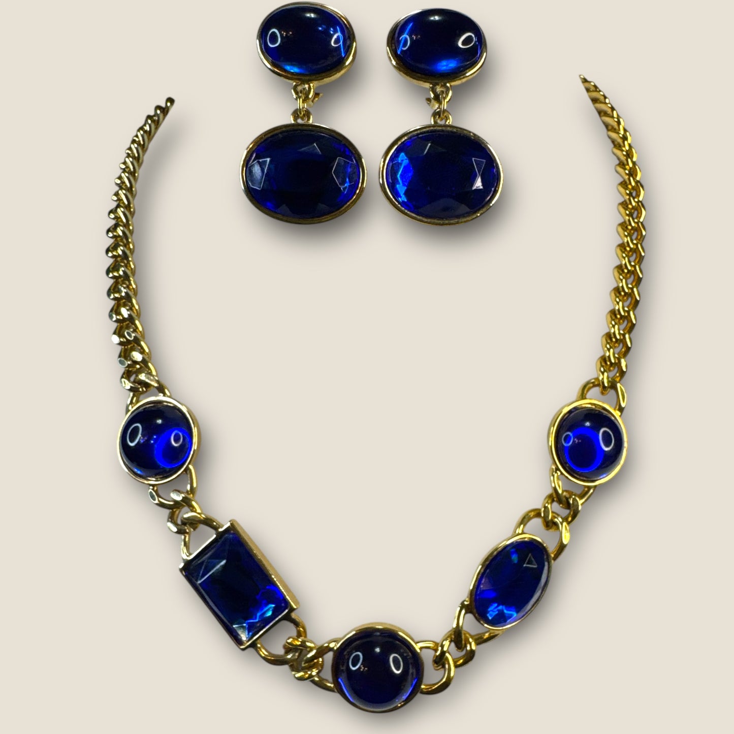 Cobalt Blue Glass & Lucite Avon Necklace & Earrings Set – 1980s Gold-Tone Statement Jewelry