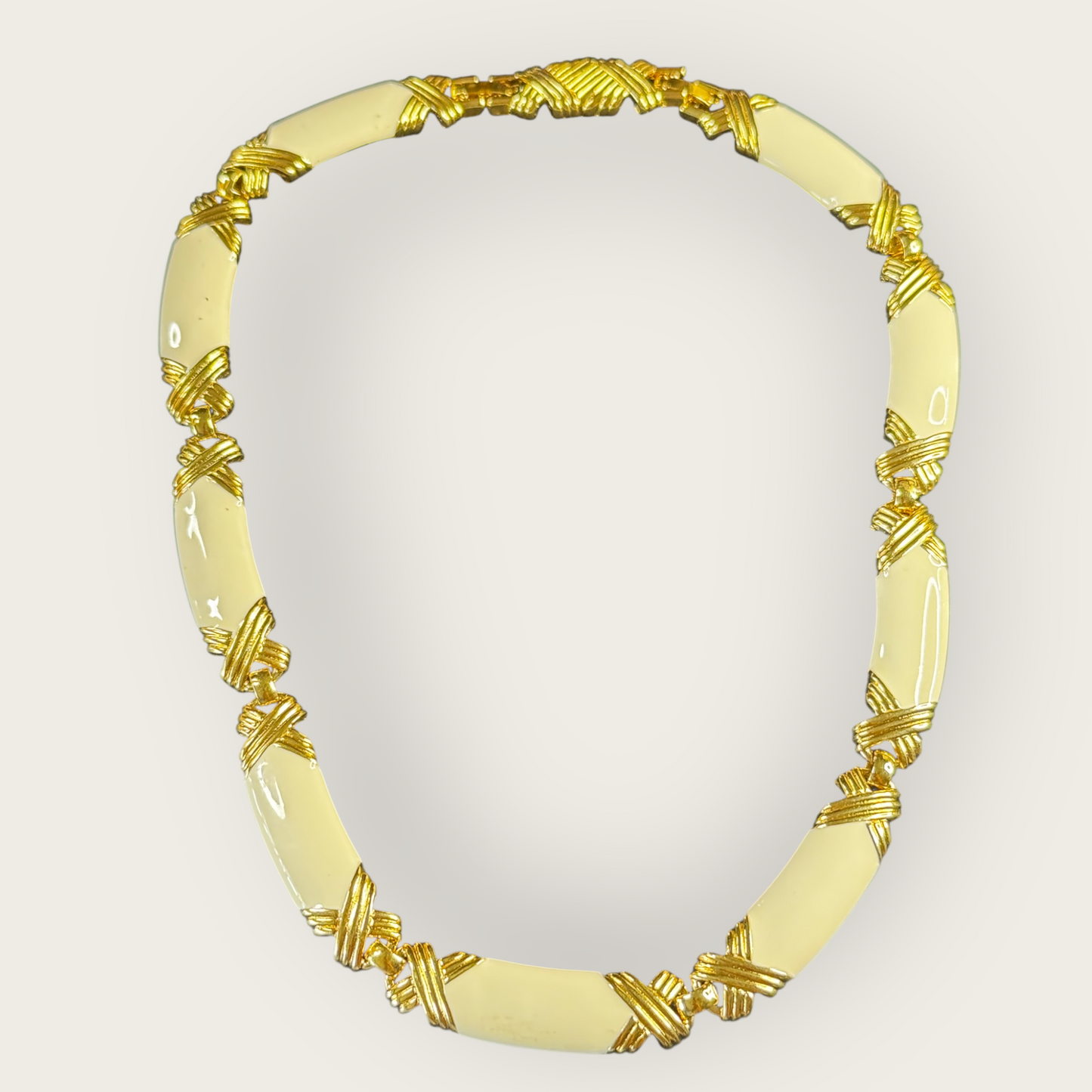 Vintage Cream Enamel & Gold X Link Choker – Articulated Statement Necklace
