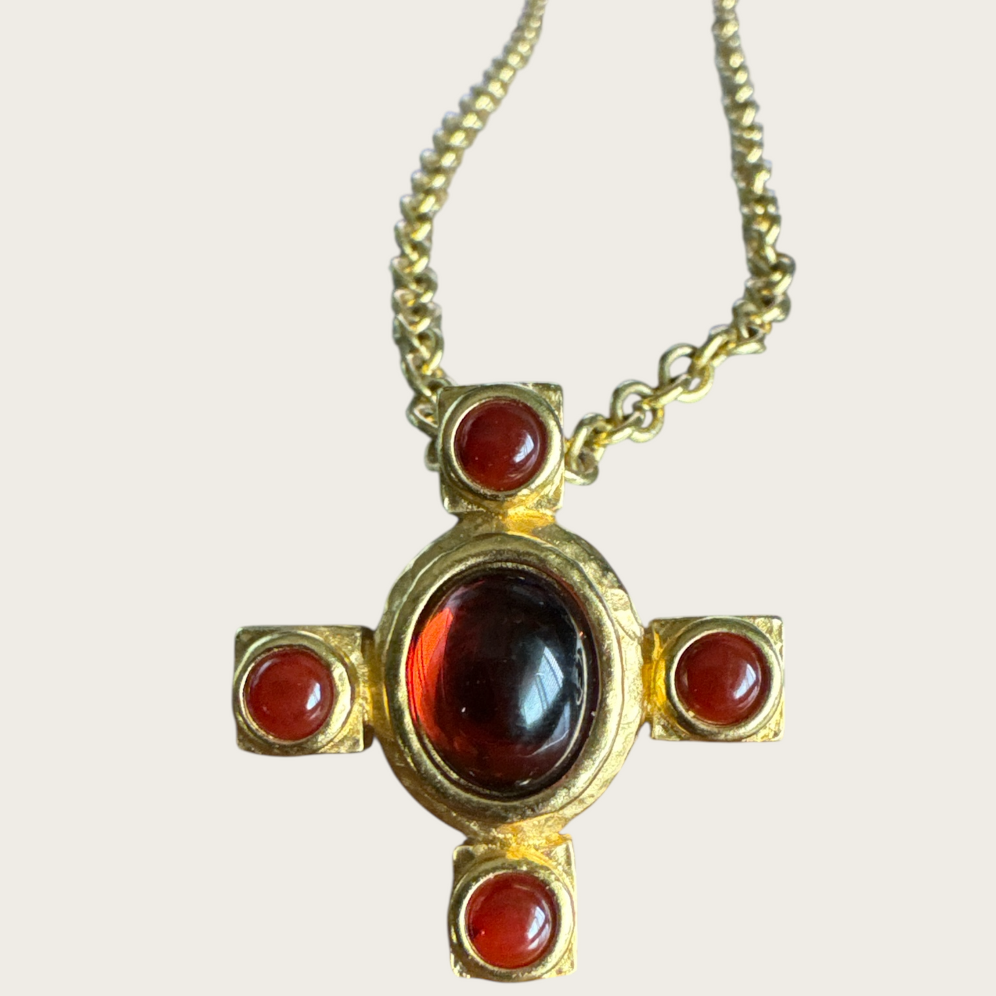 Vintage Avon Amber Glass Cross Pendant Necklace – Gold Tone, Signed, Adjustable 18–20”