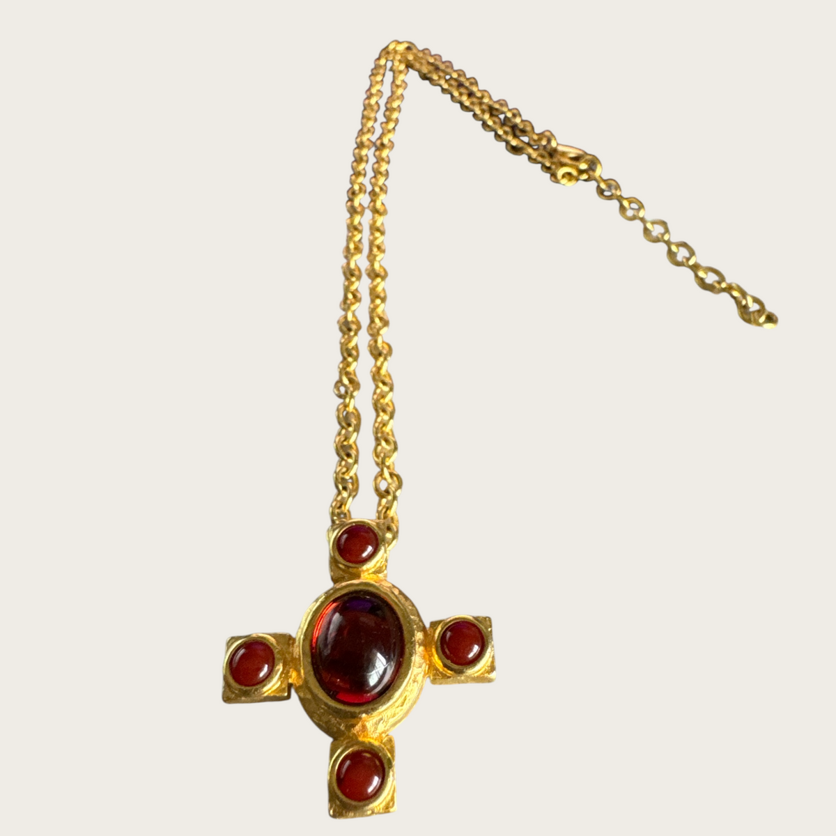 Vintage Monet Amber Glass Cross Pendant Necklace – Gold Tone, Signed, Adjustable 18″–20″