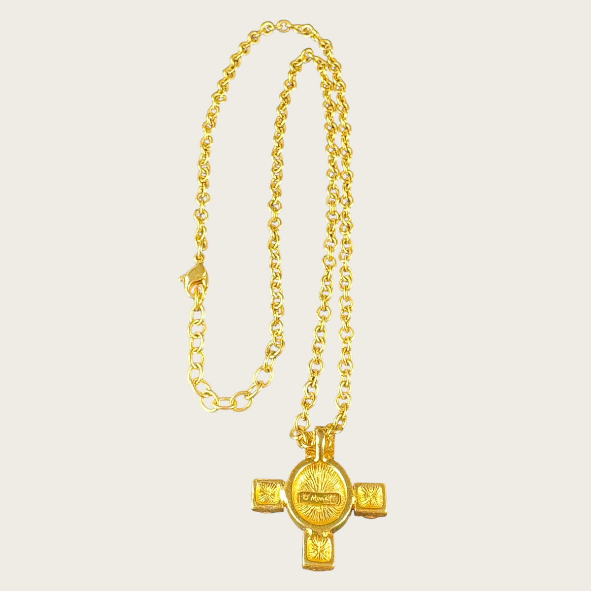 Vintage Monet Amber Glass Cross Pendant Necklace – Gold Tone, Signed, Adjustable 18″–20″