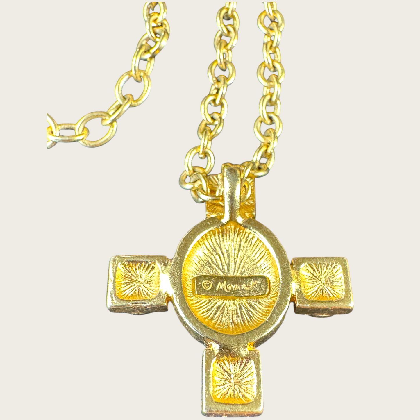 Vintage Avon Amber Glass Cross Pendant Necklace – Gold Tone, Signed, Adjustable 18–20”